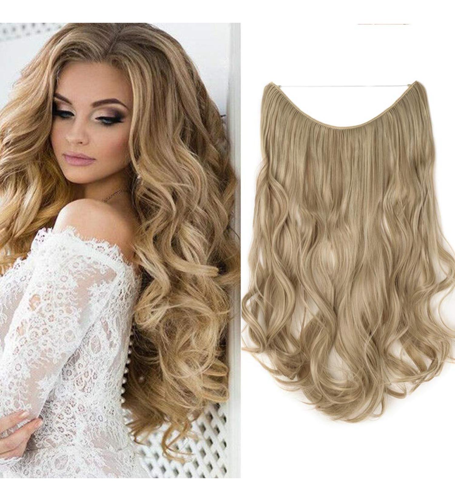 Invisible Secret Hidden Wire in Hair Extensions 20 Inches Long Wavy Curly Synthetic No Clip in Hairpieces Miracle Translucent Fish Line Ombre 2 Tone Sandy Blonde mix Bleach Blonde - Buy Online on GoSupps.com