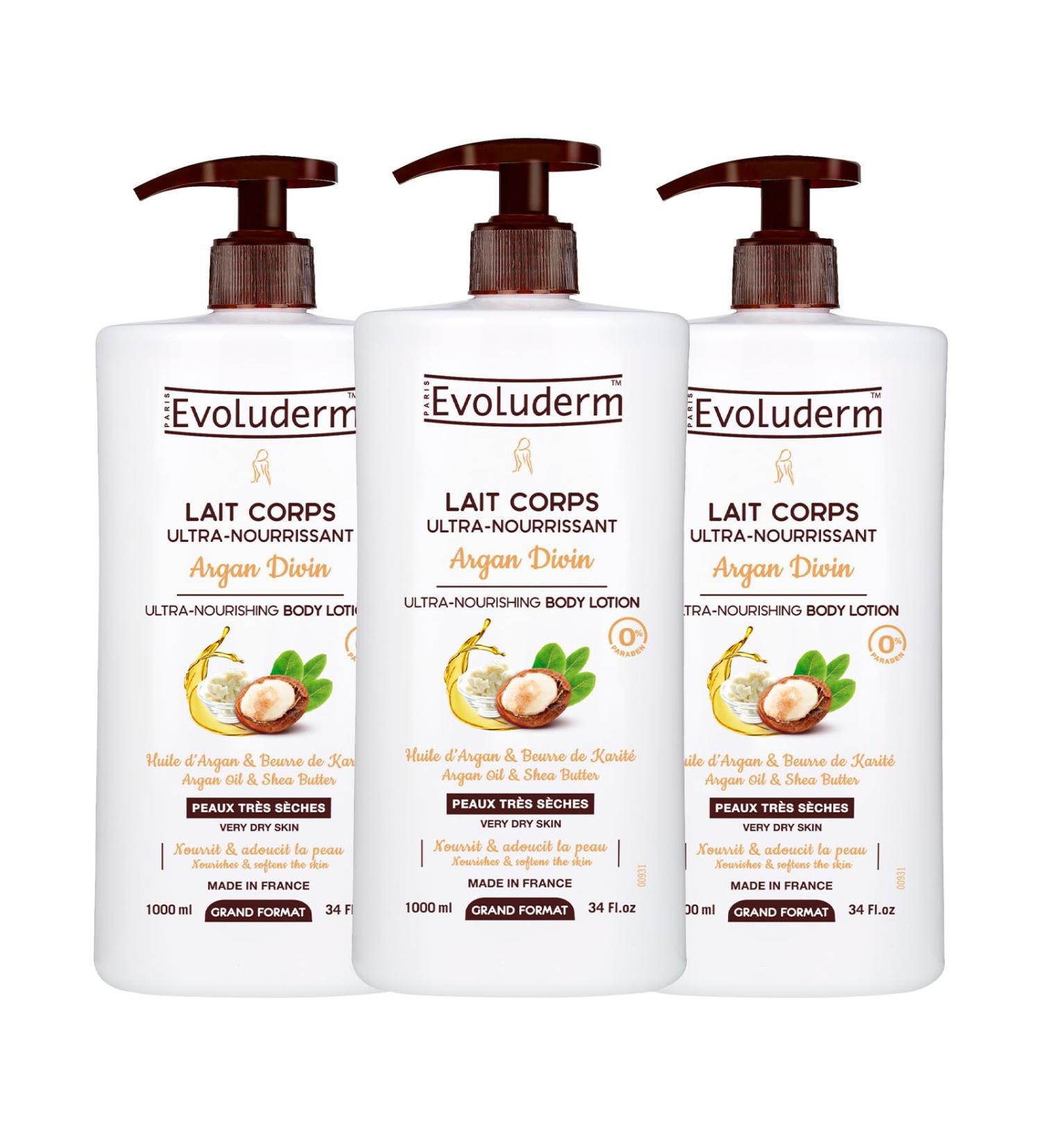 EVOLUDERM - Ultra-Nourishing Body Lotion Divine Argan - 1000ml - Natural Ingredients - Vegan - Made in France - Pack of 3 x 1000 ml - Buy Online on GoSupps.com