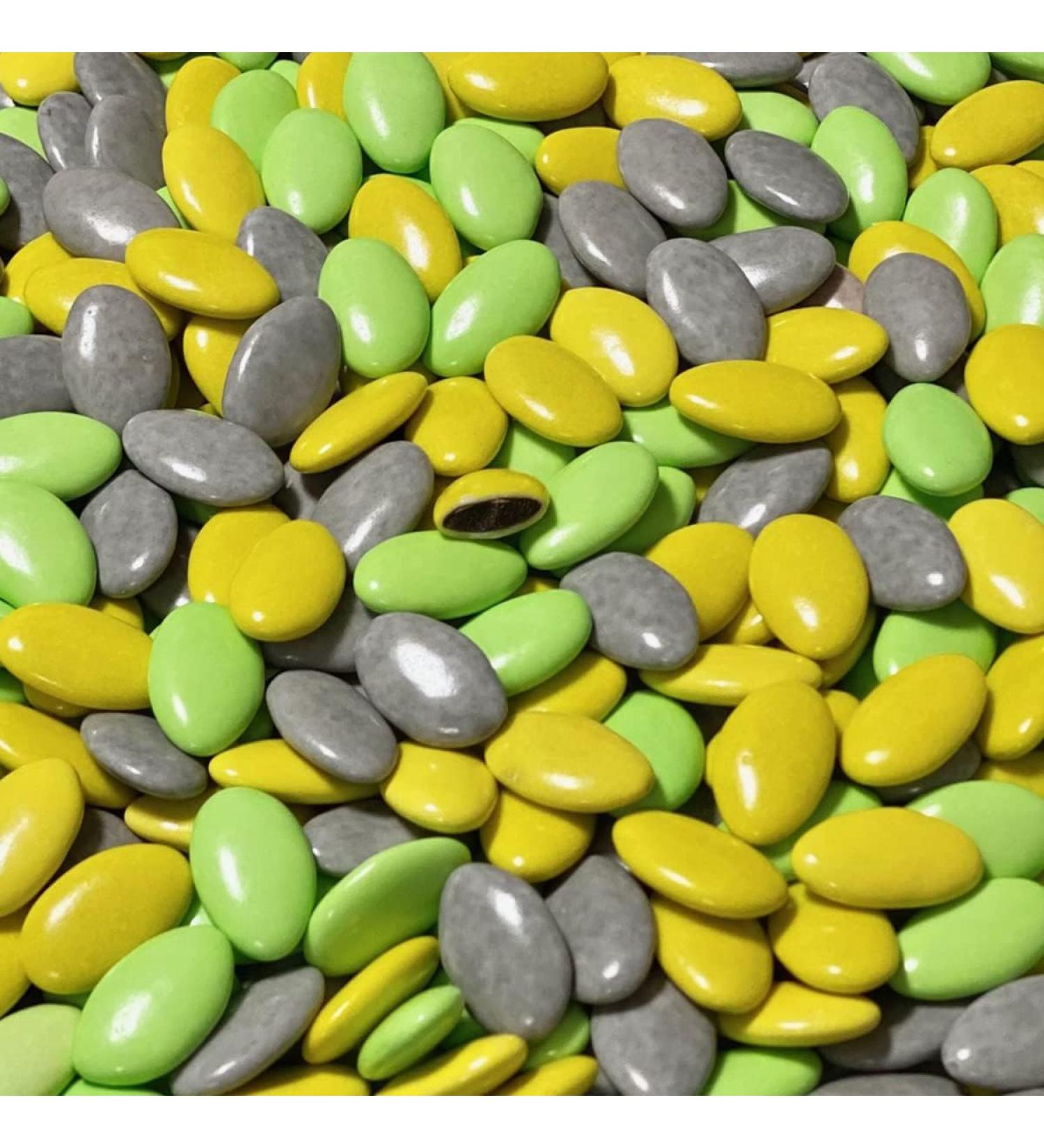 Chocolate sugared almonds, yellow, green, green, anise, grey, 1 kg - approx. 320 sugared almonds - handmade in France - without preservatives