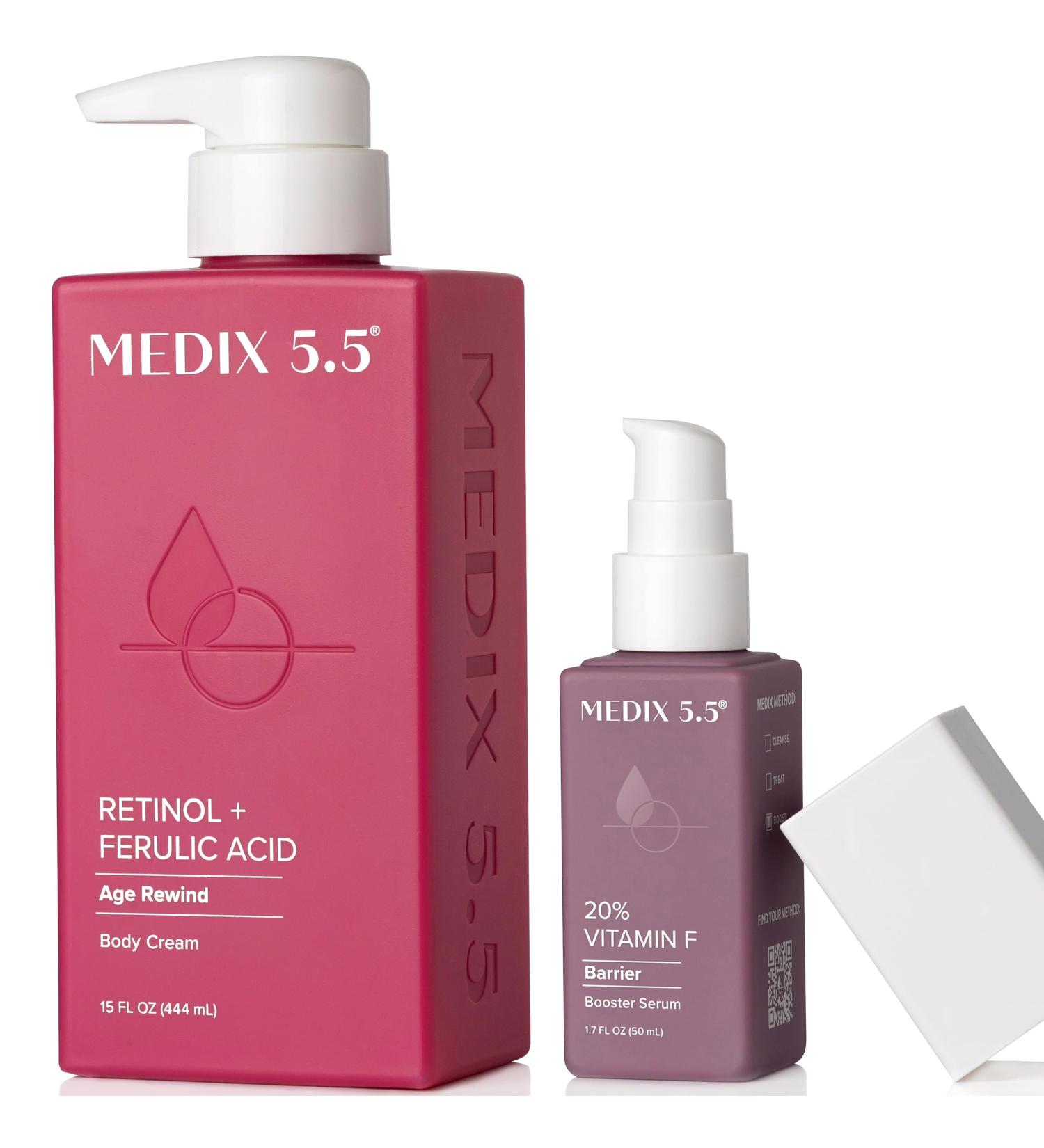 MEDIX Retinol Body Lotion + 20% Vitamin F Booster Serum Moisturizer 2PC Skin Care Set | Crepey Skin Care Treatment | Retinol Body Cream Targets Appearance Of Sagging Crepe Skin & Wrinkles 2PC Set Retinol Body Cream + Vitam  - Buy Online on GoSupps.com
