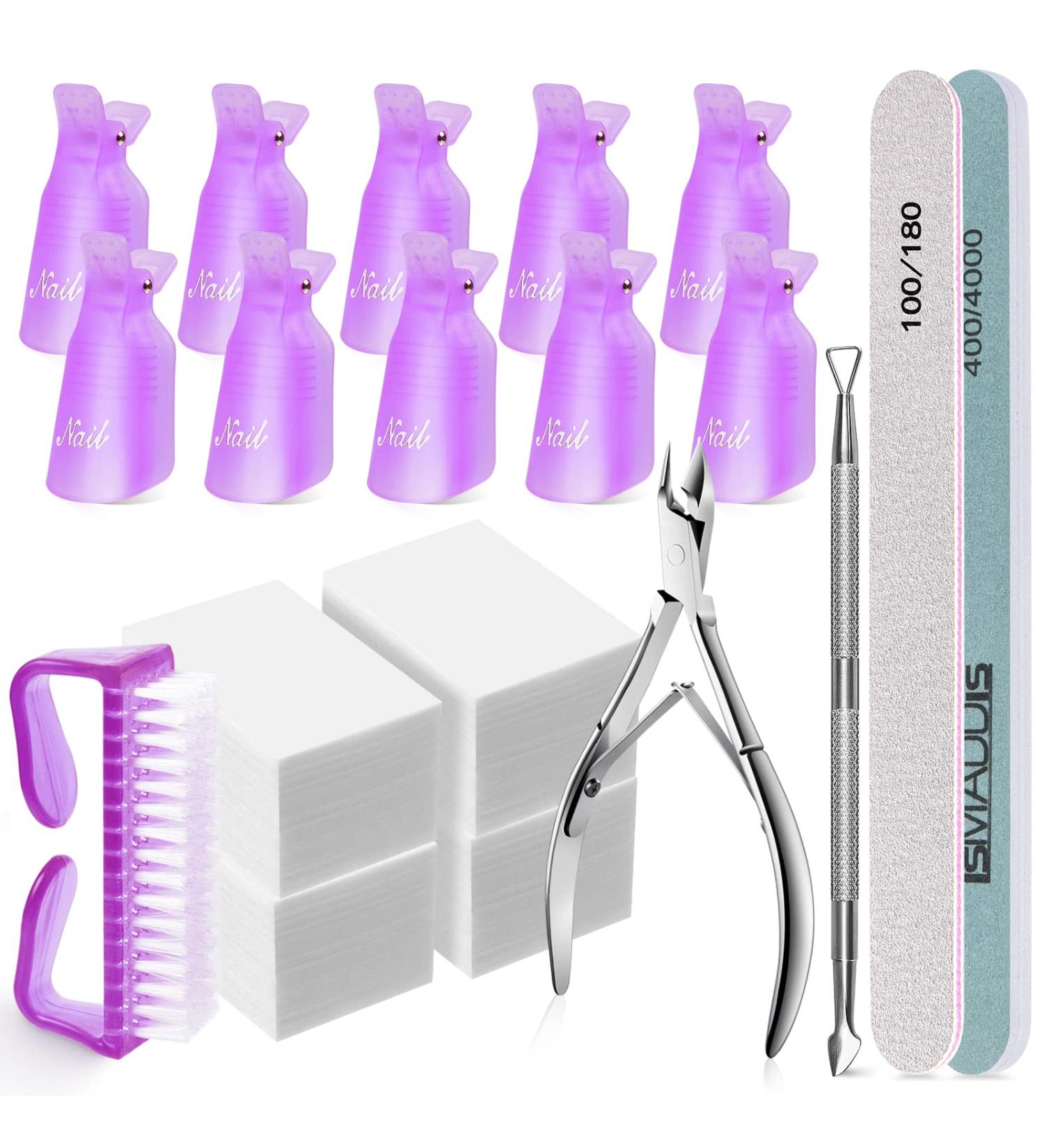 Gel Nail Polish Remover Clips Set with Nail Wipes, Cuticle Kit, Nail Brush, and Files - 10pcs Purple Kit for Easy and Efficient Nail Polish Removal - Buy Online on GoSupps.com