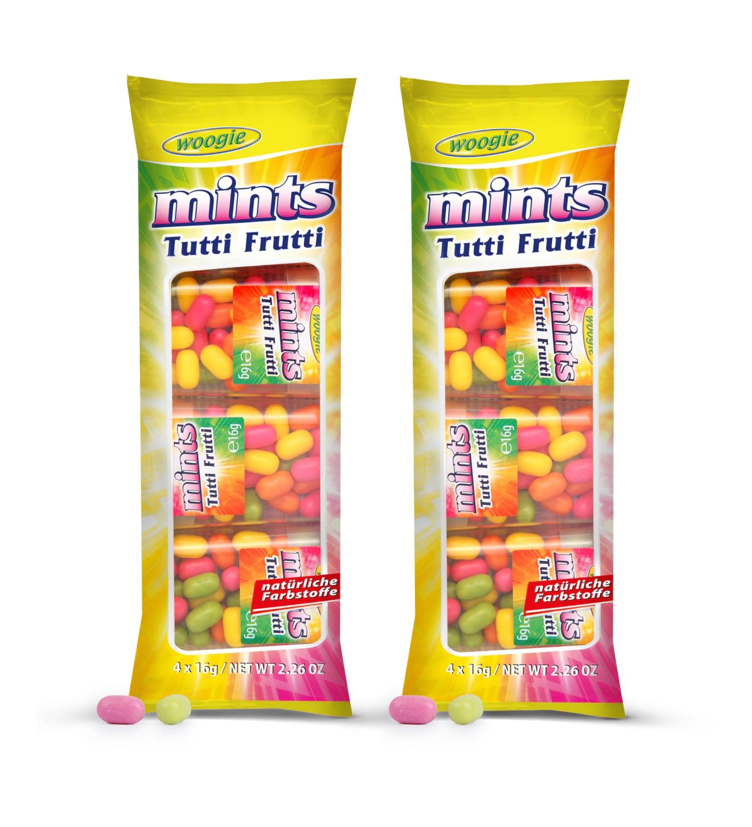 Woogie Mints Tutti Frutti Lot de 2 Drag es fruit es rafra chissantes 2x4 bo tes de 16g Id al en d placement au bureau & en voiture Go t fruit intense pour une haleine fra che - Buy Online on GoSupps.com