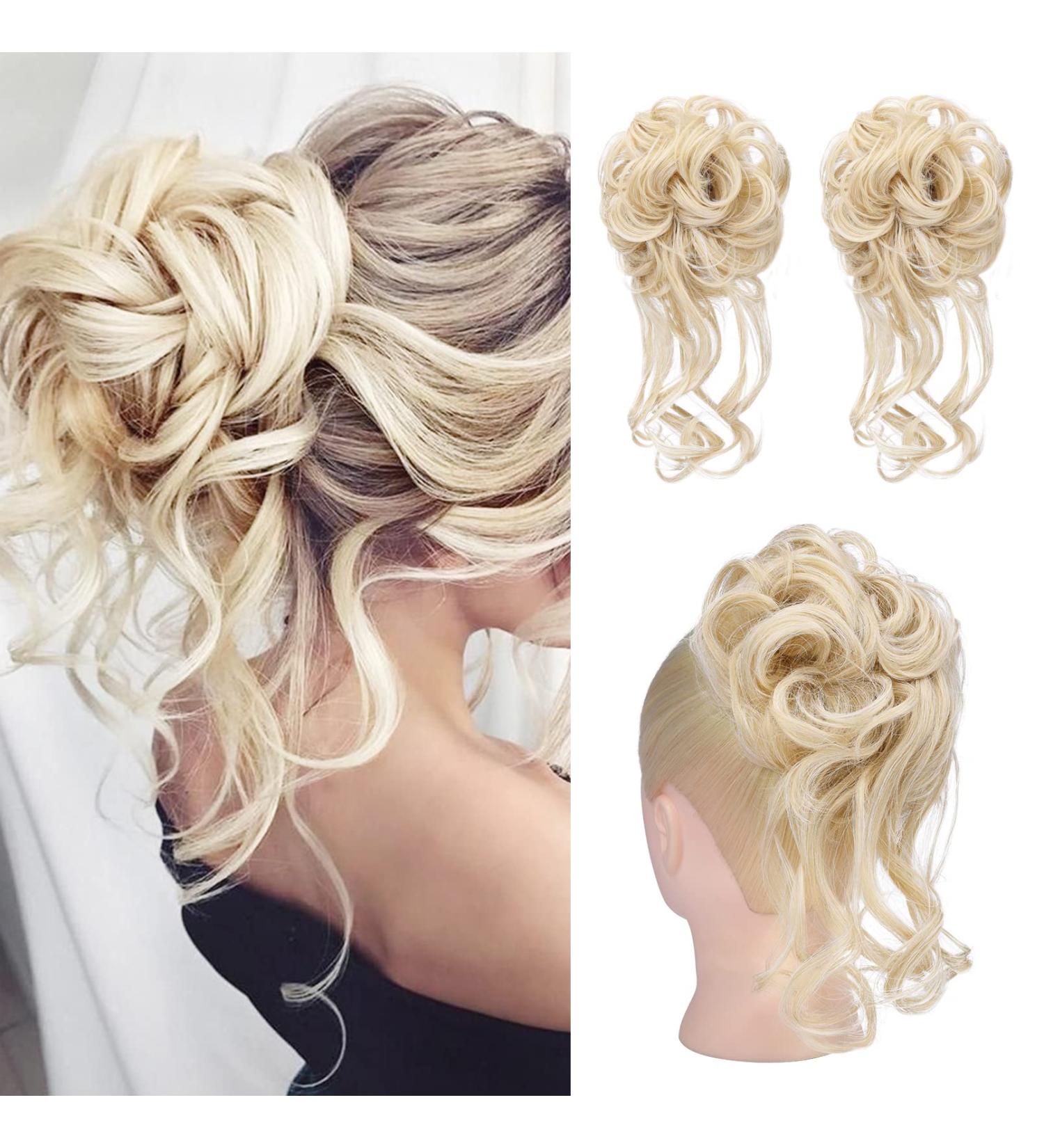 HOOJIH Messy Bun Hair Piece 2PCS - Tousled Updo Hair Bun Extensions for Women & Girls - Wavy Curly Hair Wrap Ponytail - Cool Light Blonde 2 Pack - Buy Online on GoSupps.com