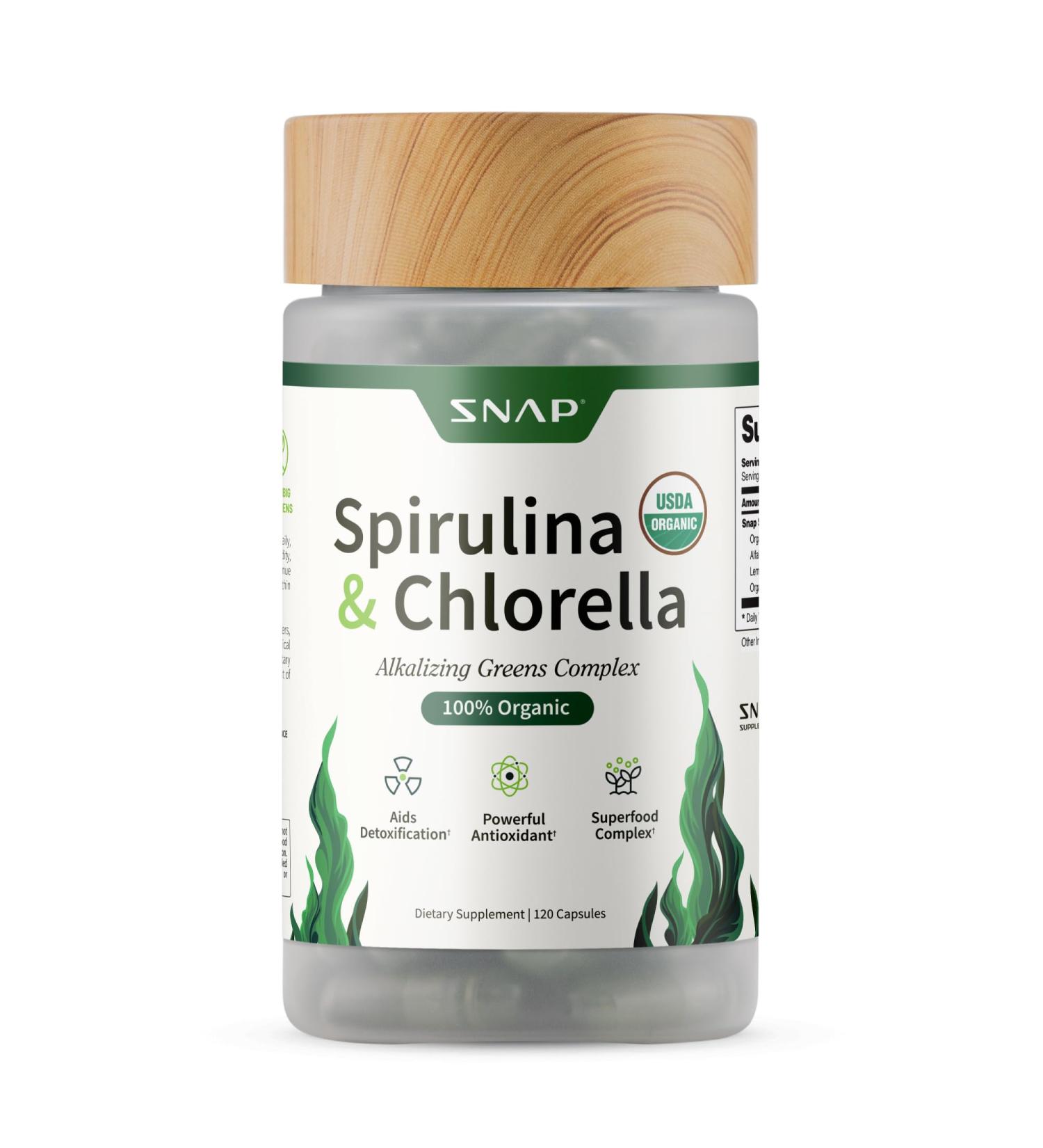 Buy Snap Supplements USDA Organic Spirulina & Chlorella Capsules - Green Superfoods for Energy & Metabolic Health - 120 Capsules - Buy Online on GoSupps.com