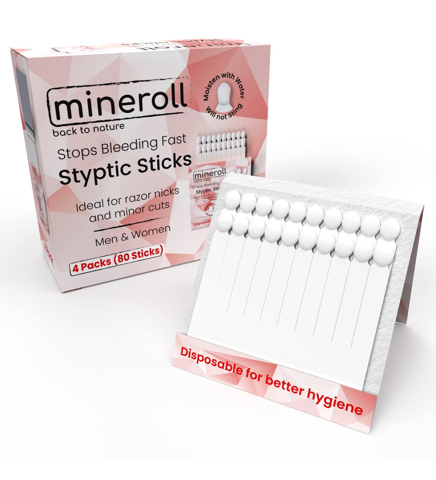 Mineroll Styptic Stick - 4 Pack (80 Pieces) | Stops Bleeding for Shaver Cuts | Hygienic Razor Accessories for Men & Women | Ideal for Hairdressers - Buy Online on GoSupps.com