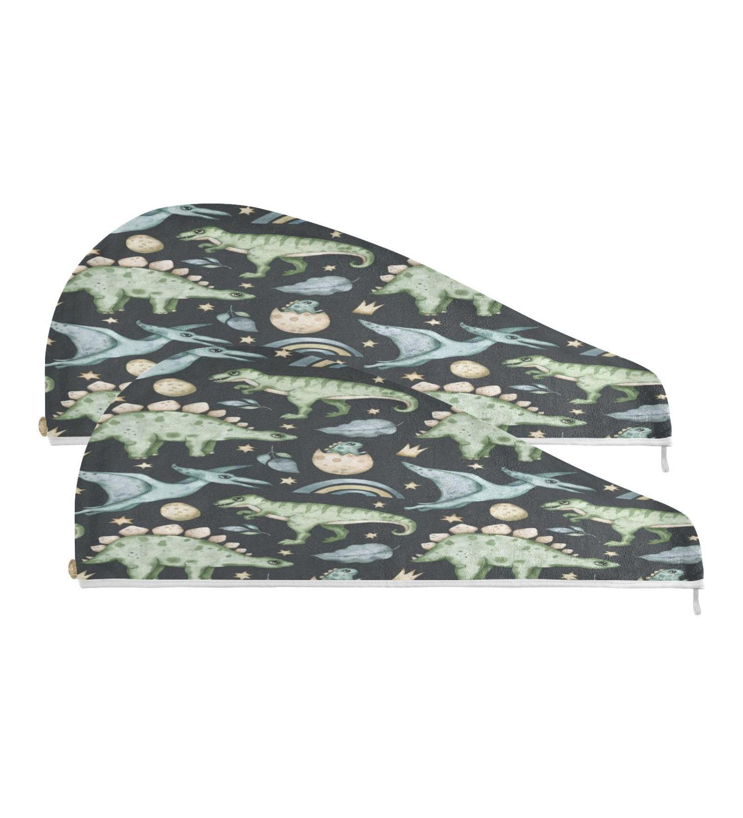 Watercolour Dinosaur Dry Hair Cap & Quick Drying Towel Set - Super Absorbent Soft Comfort 2 Pieces with Button Headband - Buy Online on GoSupps.com