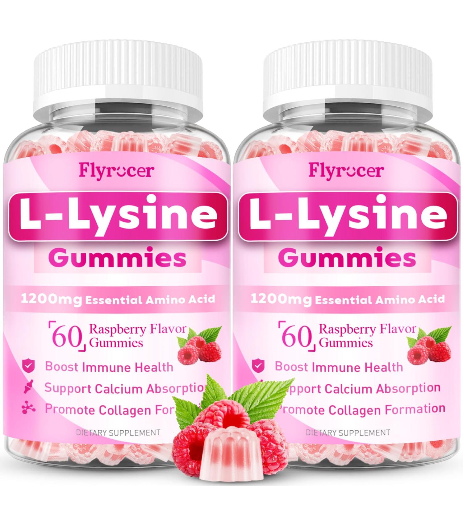 2 Pack 1000mg Lysine Gummies for Lips & Oral Health, Immune, Collagen & Calcium Support, L-Lysine Gummies Supplements for Adults & Kids, Vegan, Raspberry Flavor, 120 Count 60 Count (Pack of 2) - Buy Online on GoSupps.com