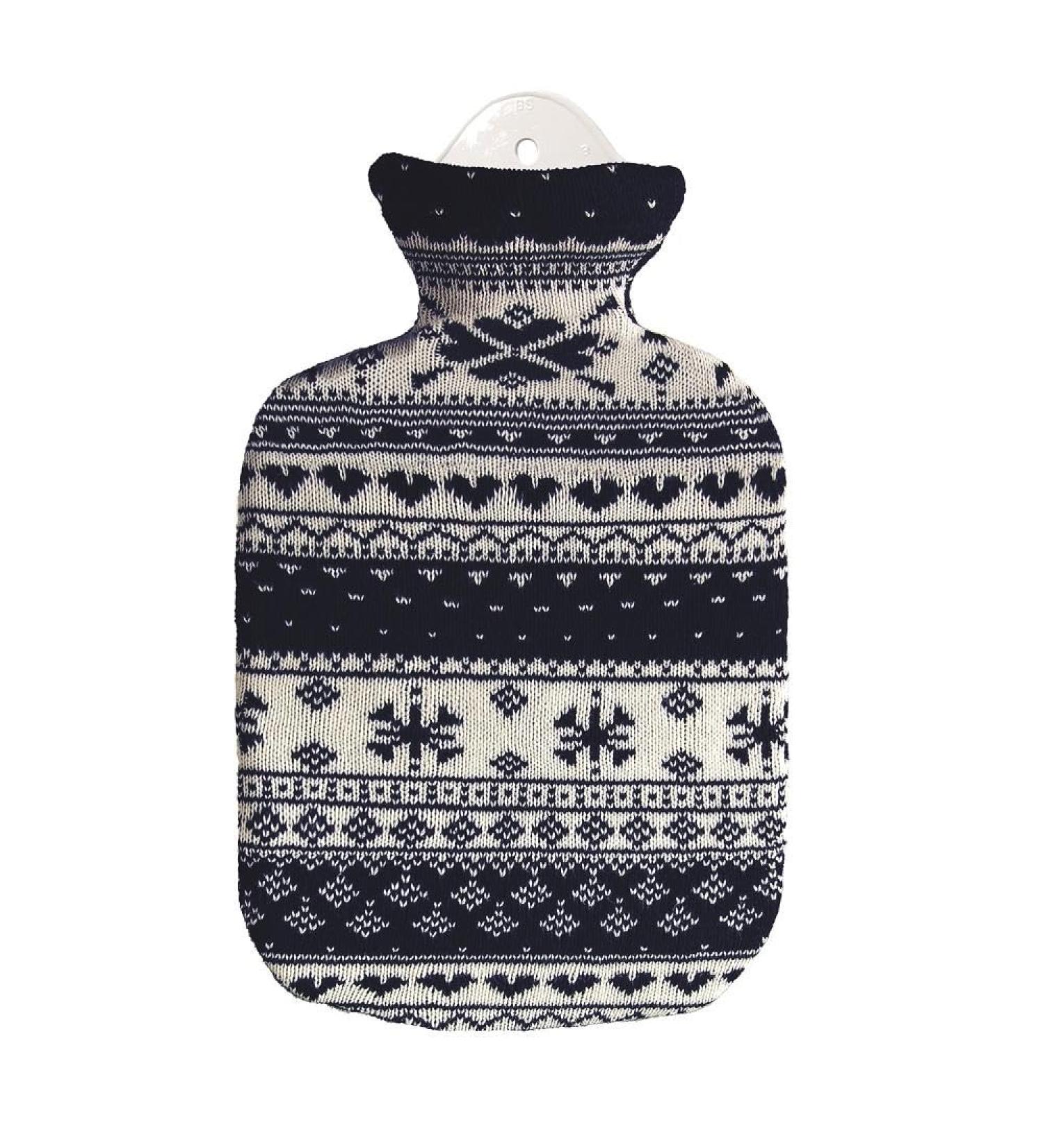 S nger rubber hot water bottle with knitted cotton cover (Norwegian)