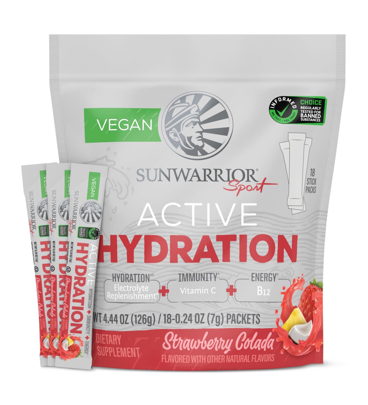 Sunwarrior Hydration Powder - Strawberry Colada Electrolyte Packets | Vegan Sugar-Free | 18 Stick Packs B12 & Elderberry | Active Hydration - Buy Online on GoSupps.com
