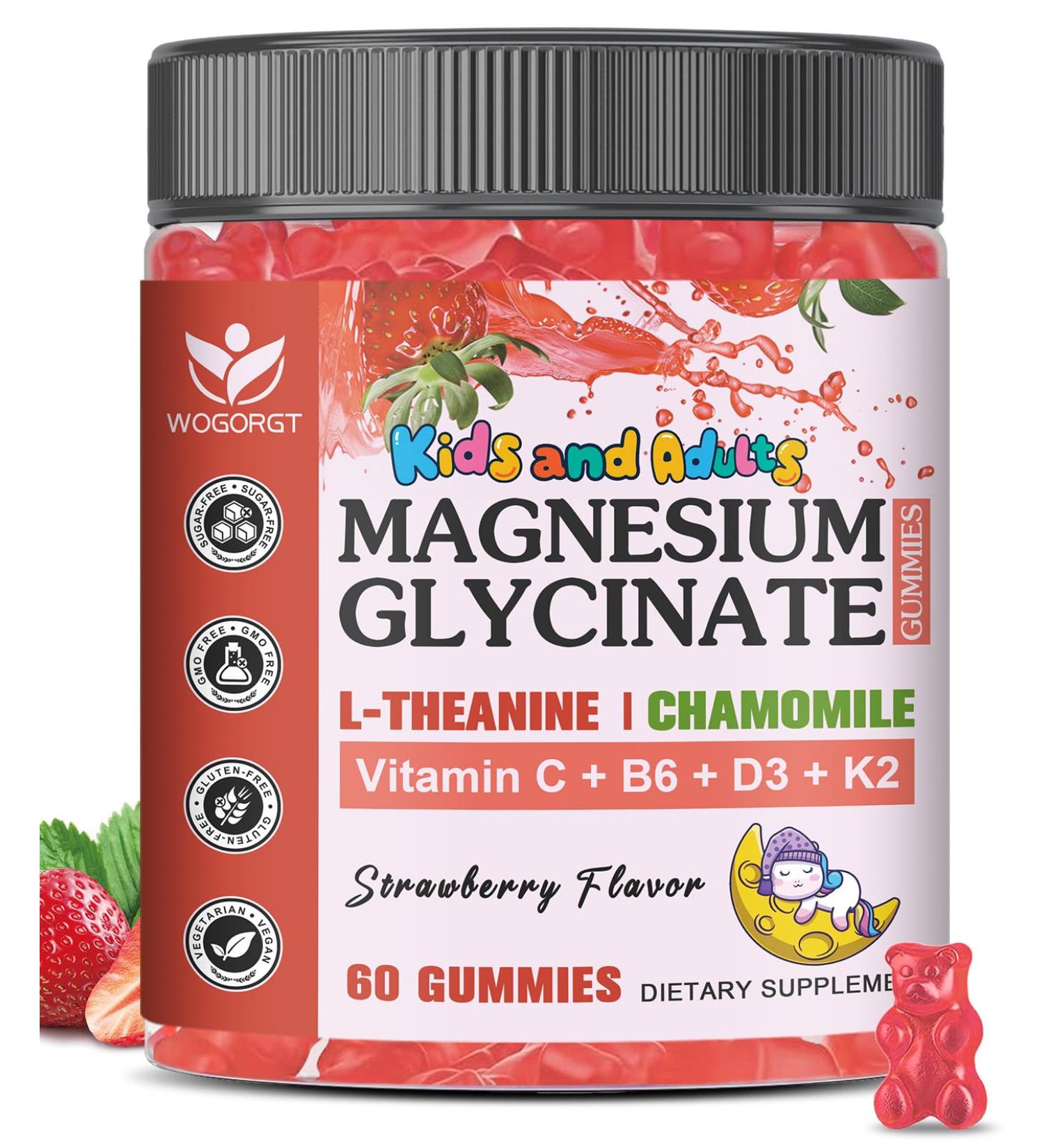 Magnesium Glycinate Gummies for Kids & Adults - Relaxation & Cognition Support - 400/200mg Magnesium Supplement with L-Theanine, Chamomile, B6, D3 & K2 - Vegan, Sugar Free, Strawberry Flavor, 60 Ct Strawberry 60 Count (Pack  - Buy Online on GoSupps.com