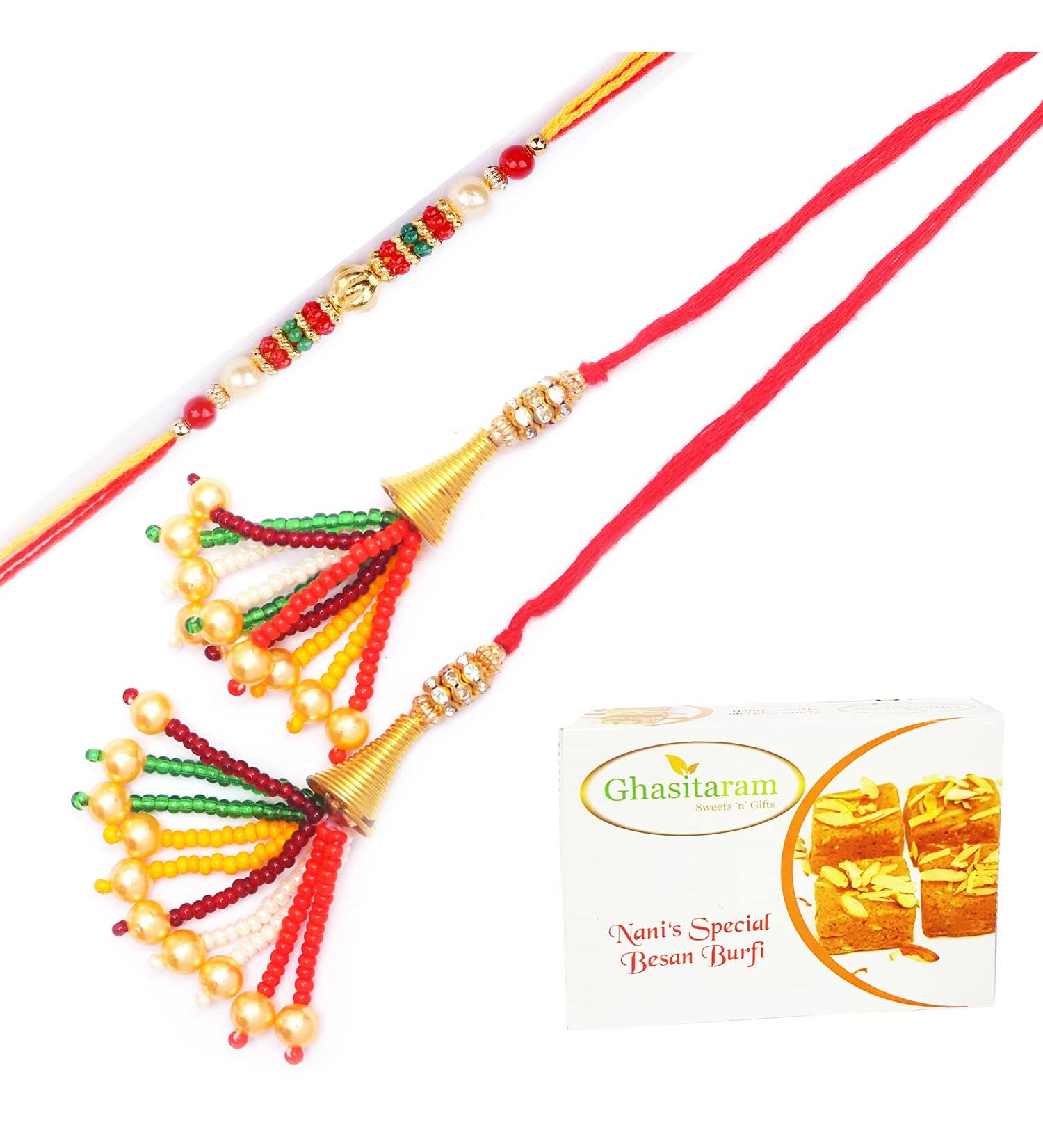 Ghasitaram Gifts Rakhis Online - Rakhi for Brother- Coloured Beads Bhaiya Bhabhi Rakhi with 400 GMS of Besan Barfi Rakhi Set with 400 gms of Besan Barfi - Buy Online on GoSupps.com