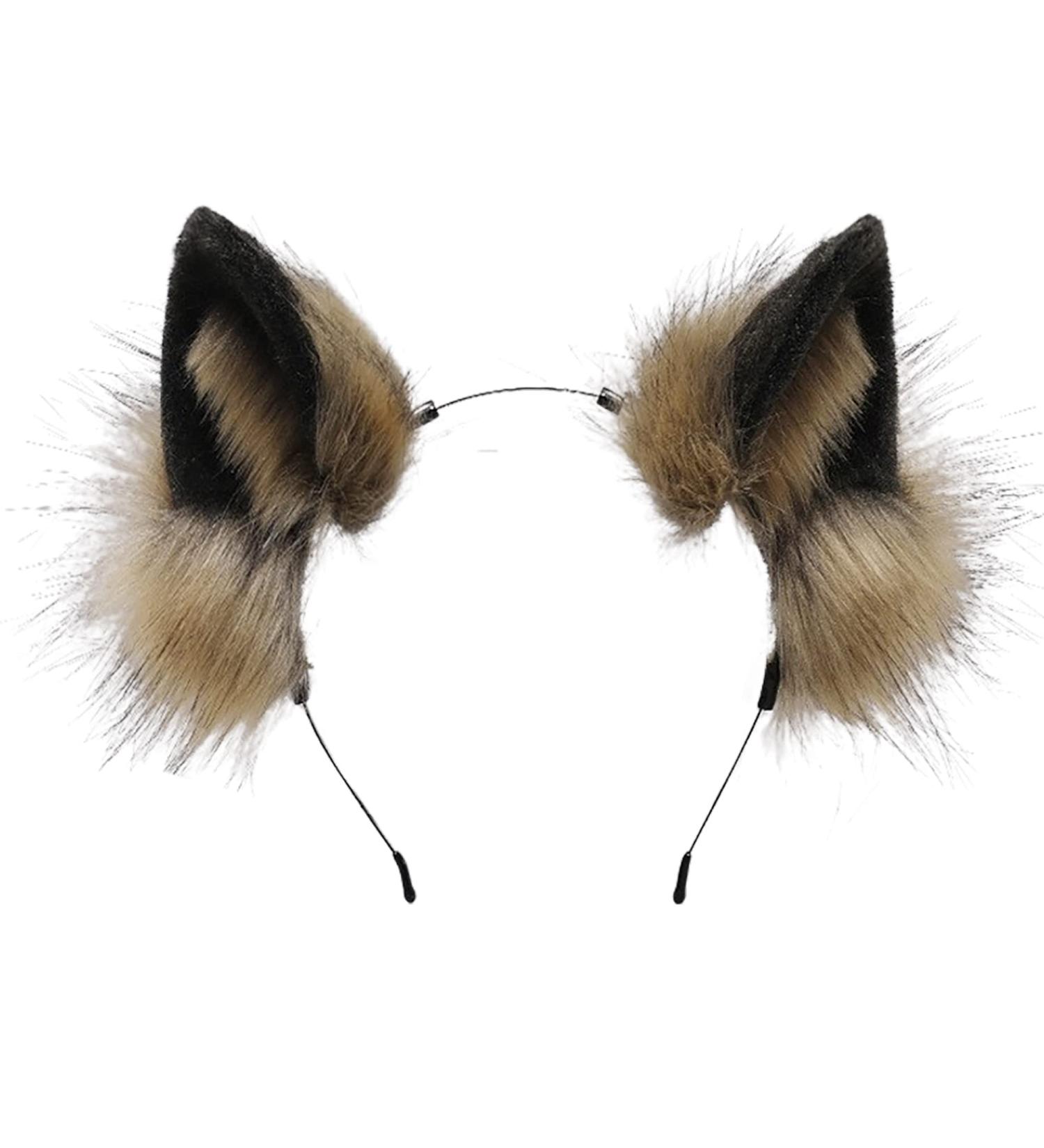 Furry Fox Wolf Cat Ears Headwear for Cosplay & Halloween Parties (Khaki Black) - Buy Online on GoSupps.com