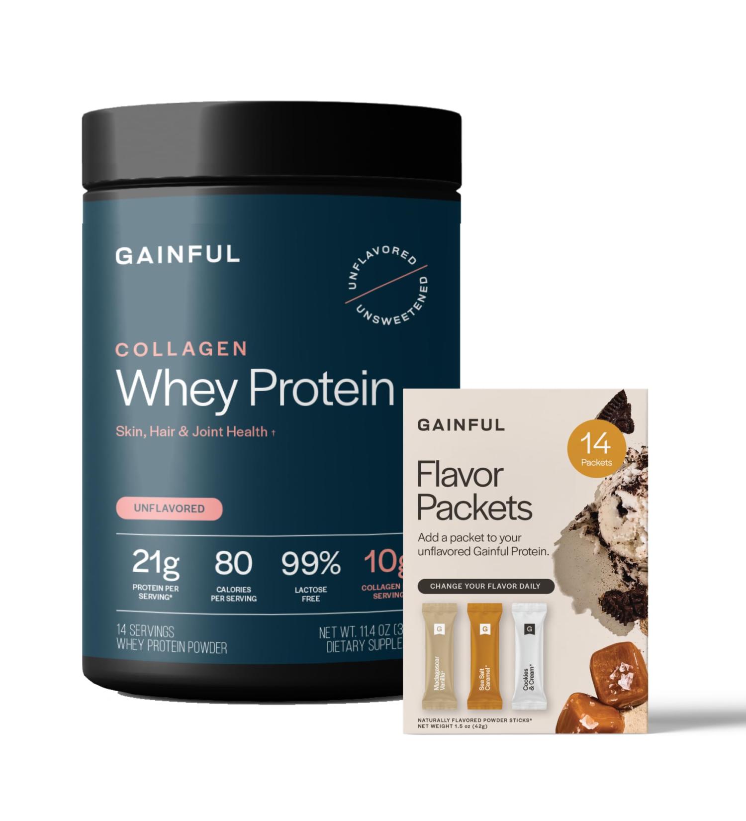 Gainful Collagen Whey Protein Powder & Sweet Treat Flavor Bundle 21g Protein Supports Muscle Recovery Joint Health & Skin Hydration with Grass-Fed Collagen Peptides 14 Servings + 14 Flavor Sticks - Buy Online on GoSupps.com
