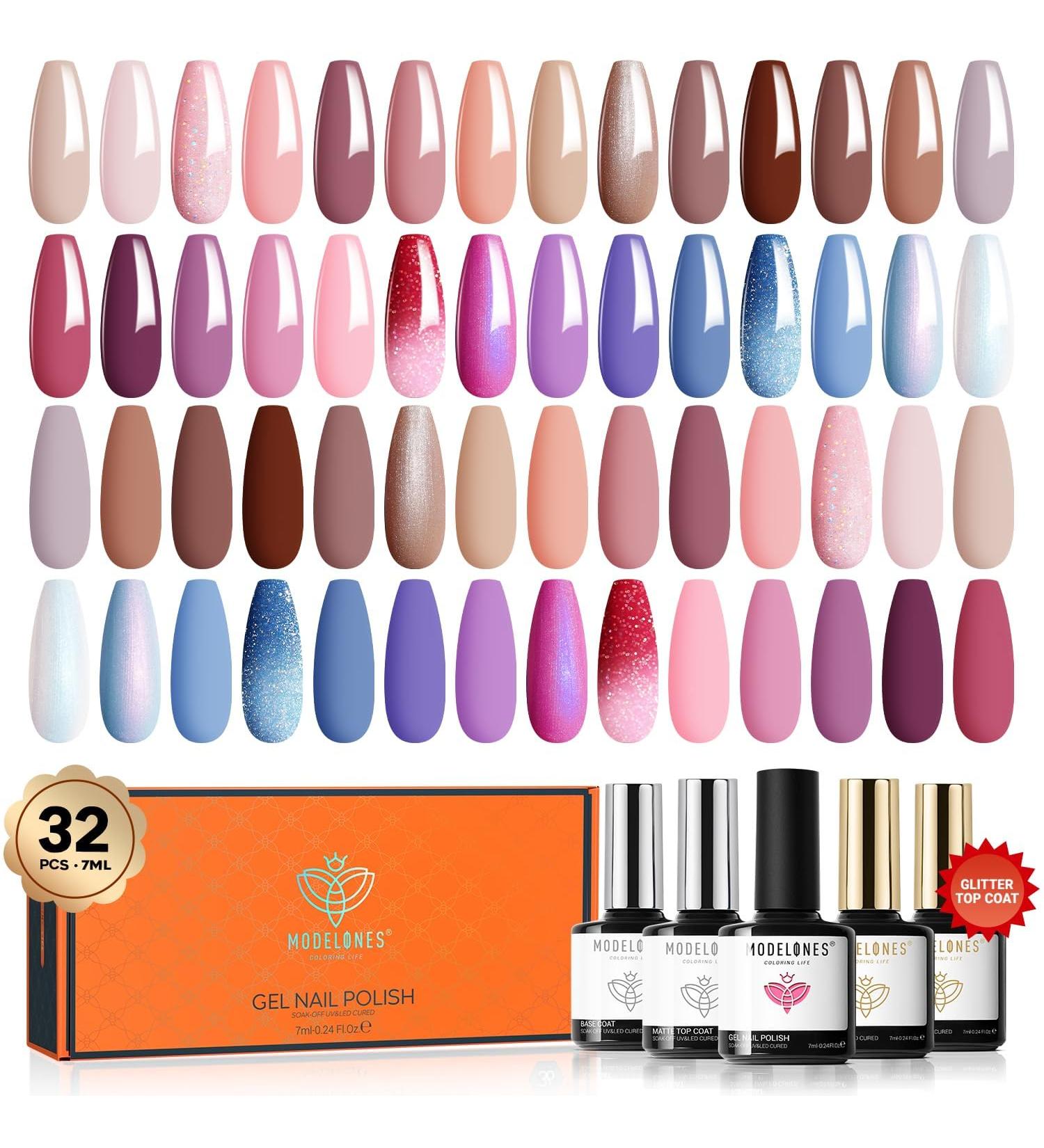 Modelones 32 Pcs Gel Nail Polish Kit 28 Colors Gel Polish Kit with Glitter Glossy&Matte Top Base Coat Nude Pink Blue Purple Glitter Nails Gifts for Women DIY Salon Home - Buy Online on GoSupps.com
