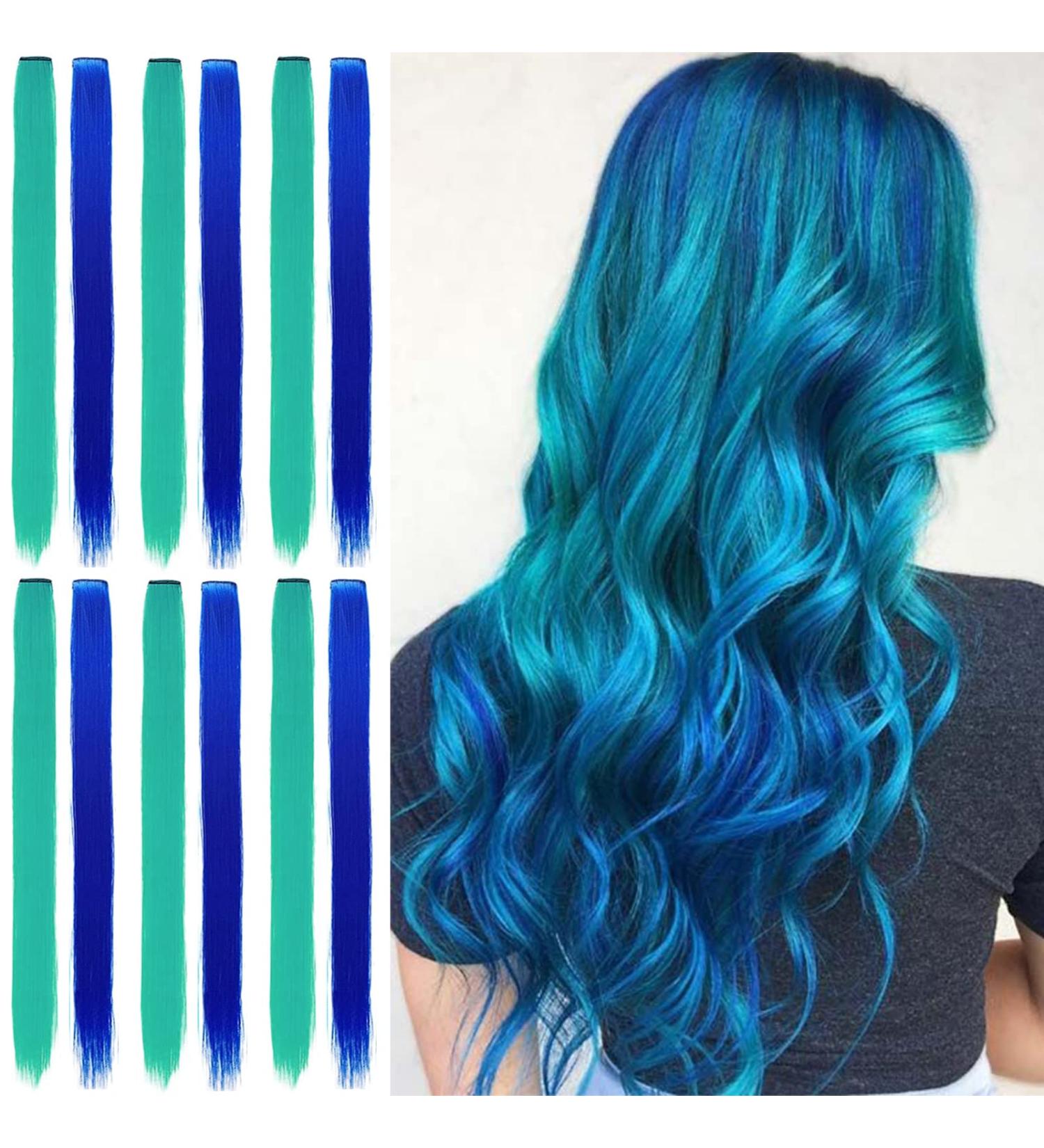 12 Pcs Dark Blue/Turquoise Clip in Hair Extensions 22 Inch - Colorful Highlights for Kids, Women - Heat-Resistant Synthetic Hair for Party Decor - Buy Online on GoSupps.com