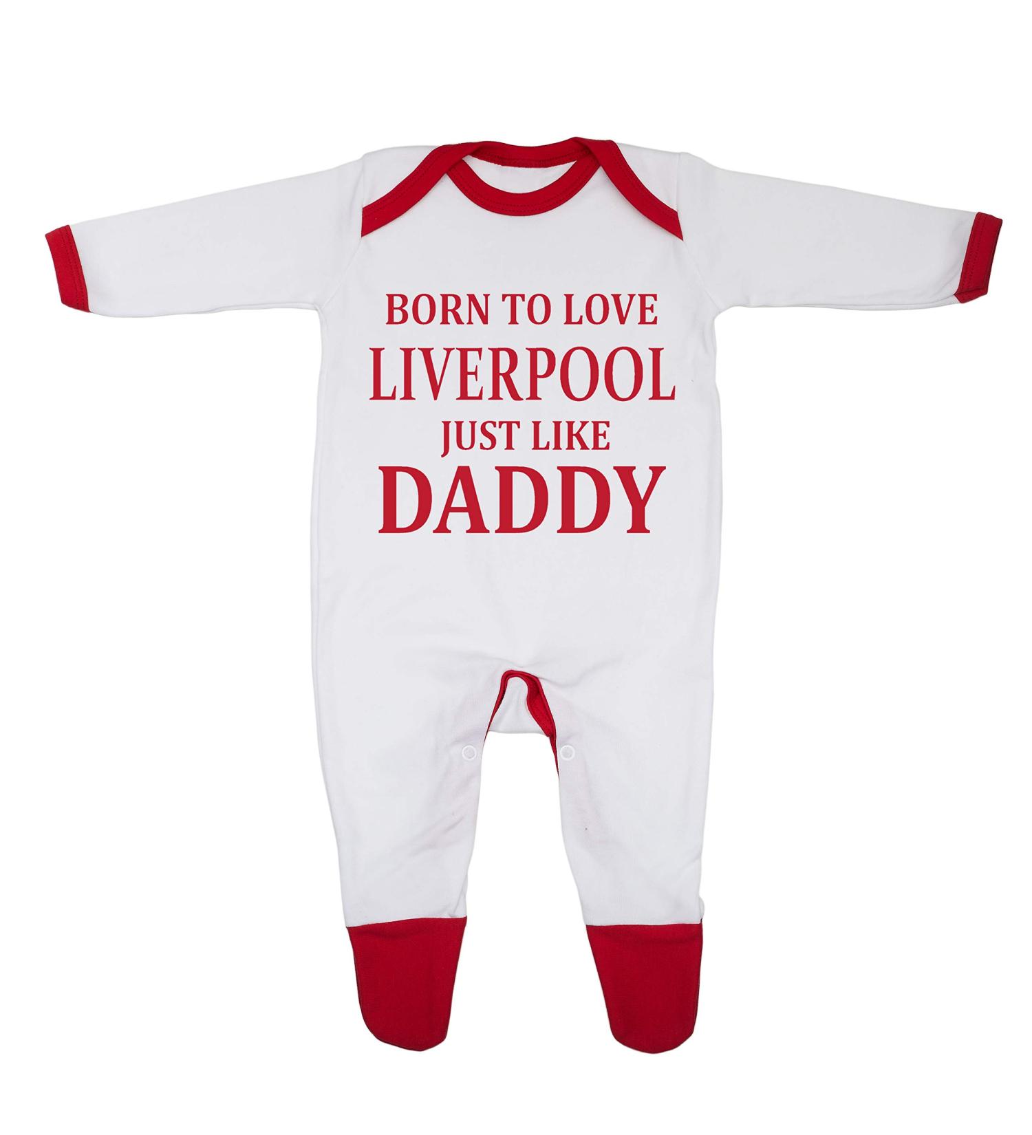 Born To Love Liverpool Just Like Daddy Baby Sleepsuit 6-9 Months | UK Designed & Printed | 100% Cotton | White/Red Trim - Buy Online on GoSupps.com
