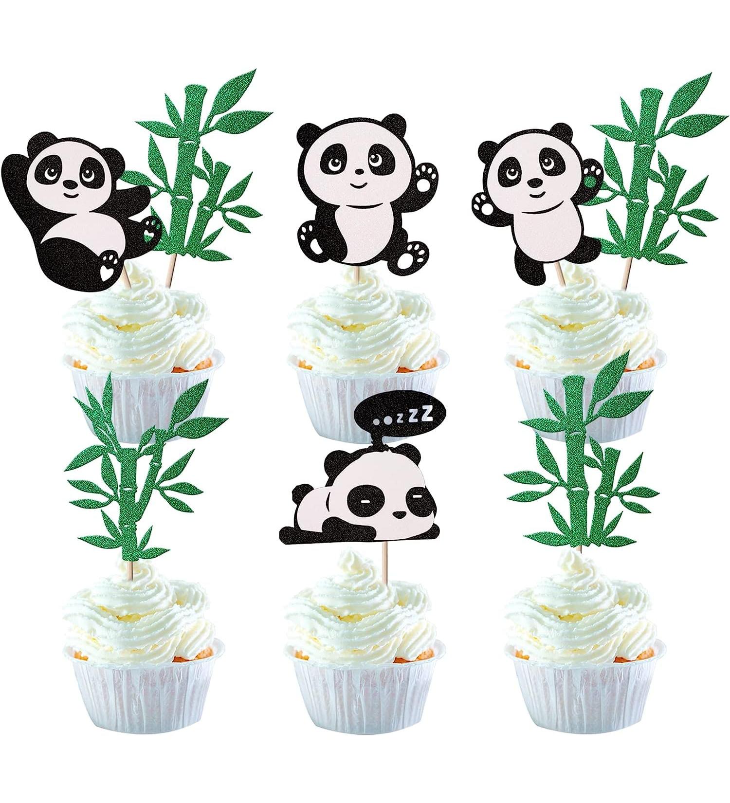 24 Panda Glitter Green Bamboo Cupcake Toppers - Cute Animal Cake Decorations for Baby Showers & Kids Birthday Parties - Buy Online on GoSupps.com