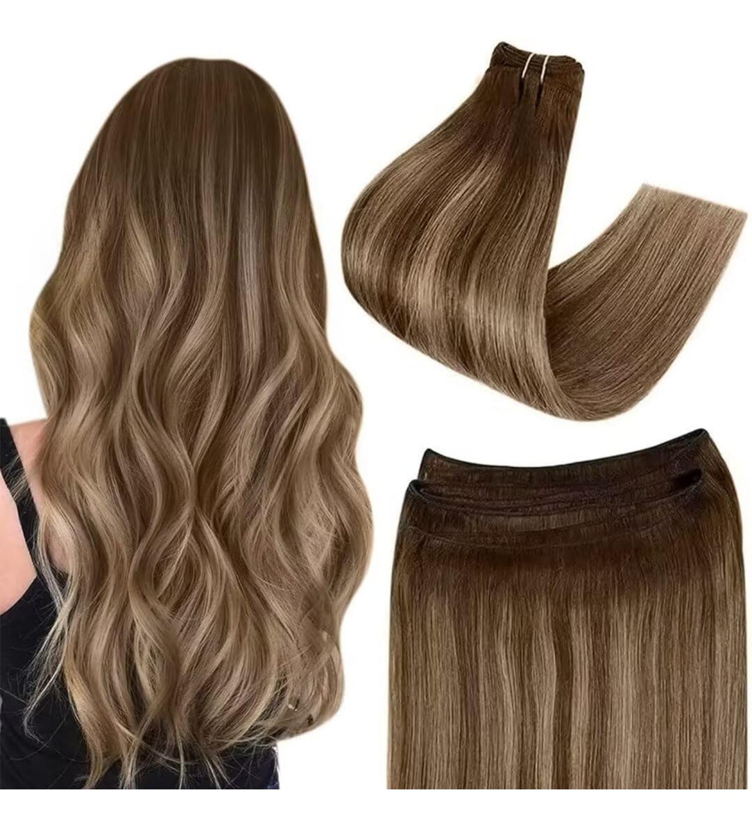 Easyouth Ombre Weft Human Hair Extensions 18 Inch Double Weft Balayage Brown to Honey Blonde Sew in Extensions 100g - #4/27/4 - Buy Online on GoSupps.com
