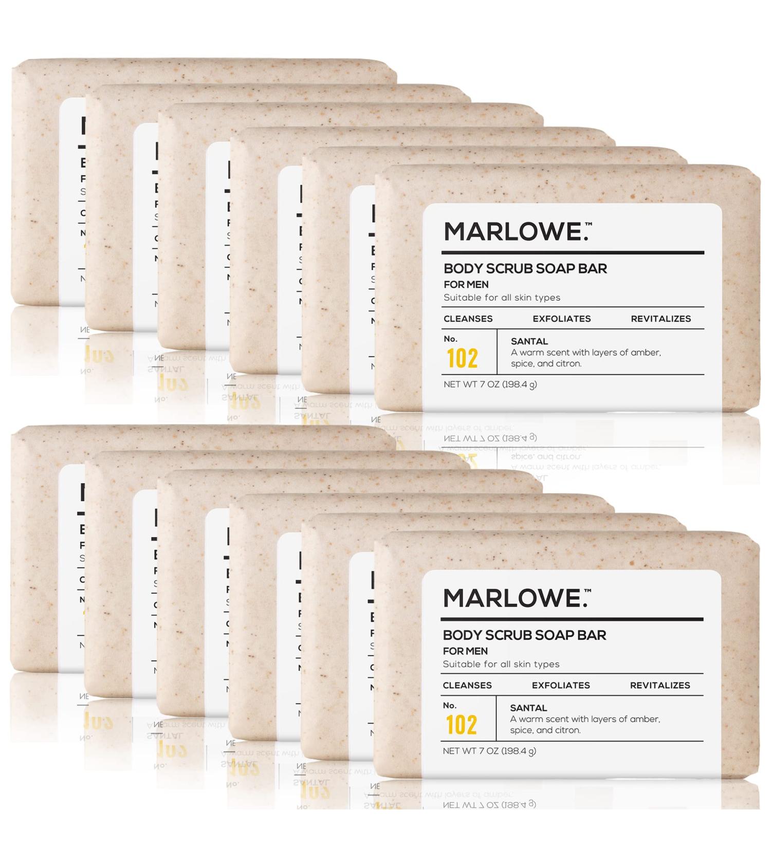 MARLOWE. No. 102 Men's Body Scrub Soap 7 oz (12 Bars) Warm Santal Scent Best Exfoliating Bar for Men Made with Natural Ingredients Apricot Seed Powder Shea Butter Olive Oil Green Tea Extracts Warm Santal 7 Ounce (Pack of 12) - Buy Online on GoSupps.com