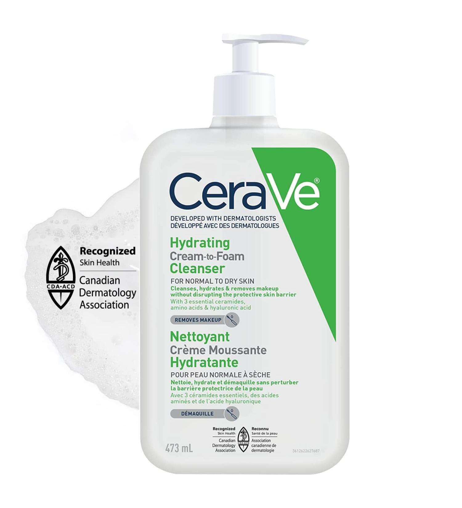 CeraVe Hydrating CREAM-TO-FOAM Cleanser. Face & Eye Makeup Remover with Hyaluronic Acid & Ceramides. Normal to dry skin. Gentle face wash for men & women removes dirt excess oil. Fragrance Free 473ML Fragrance Free 473 ml (Pack of 1) - Buy Online on GoSupps.com