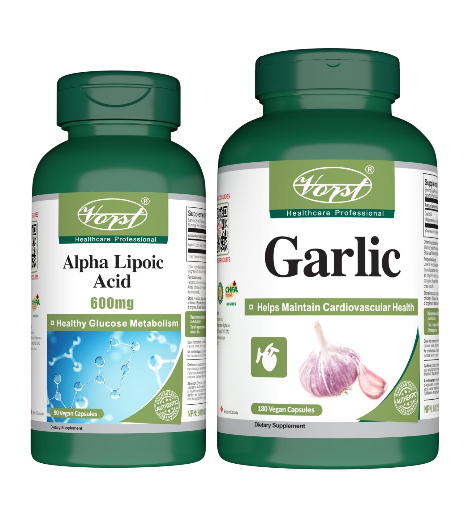 VORST Alpha Lipoic Acid 600mg 90 Vegan Capsules & Garlic 180 Vegan Capsules (Combo Bundles 2 Bottles)