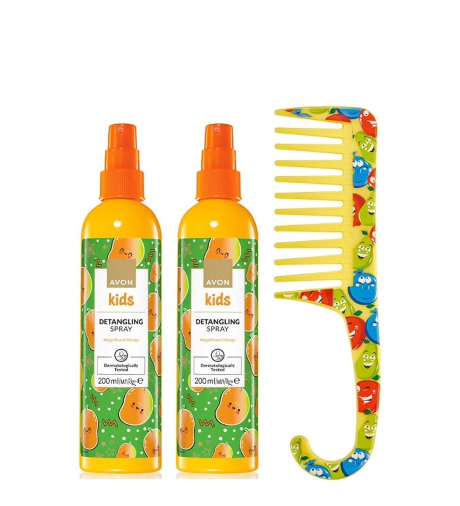 Avon Kids Magnificent Mango kids hair detangling spray 2 x 200ml plus Avon detangling Hair Comb for children - Buy Online on GoSupps.com