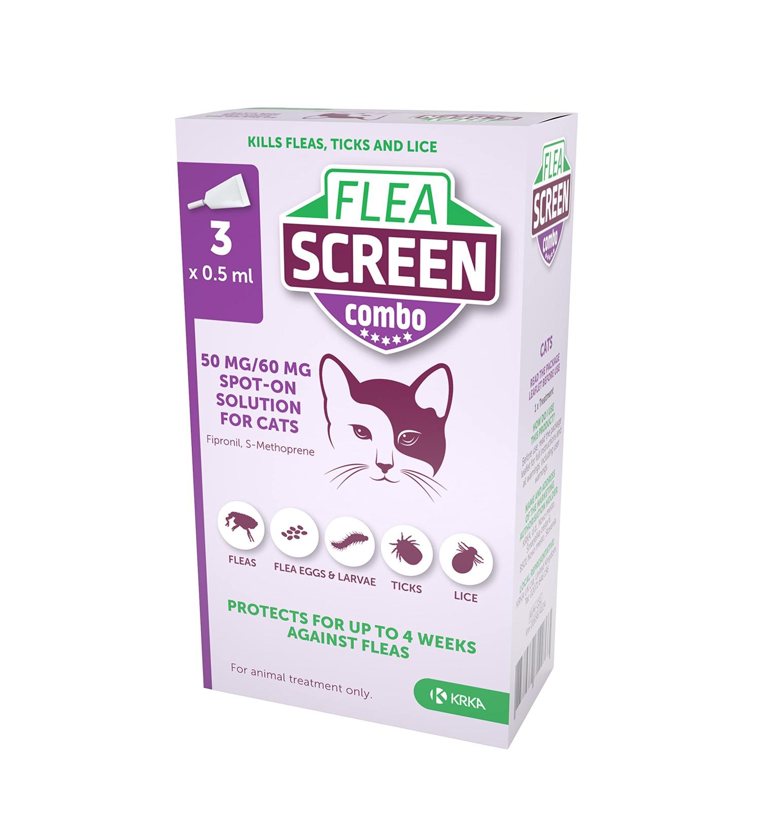 FLEA SCREEN Combo Cat Spot On Treatment (3 Pipettes) - 12 Weeks Protection for Cats & Kittens over 8 weeks - Kills Fleas, Eggs, Ticks - Buy Online on GoSupps.com