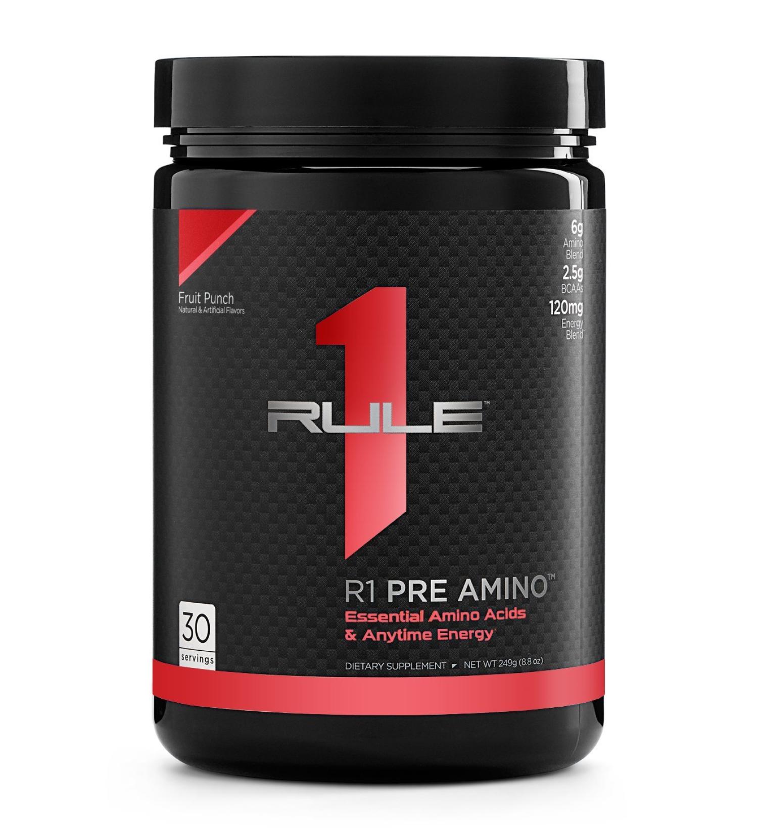 Rule 1 Proteins Pre Amino Acid Complex Fruit Punch Anytime Energy Boost Caffeine from Green Tea and Coffee Extracts Endurance Focus Support 30 Servings 15 Oz