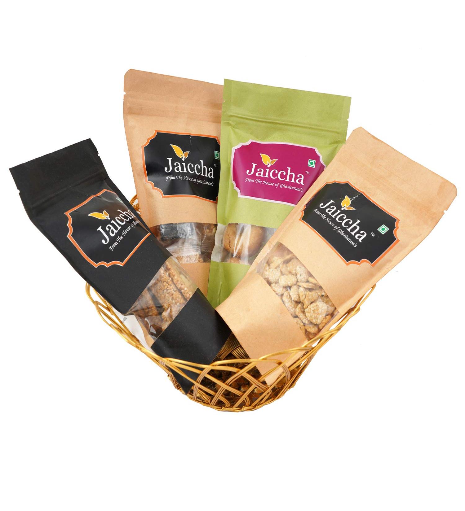 Ghasitaram Gifts Jaiccha Lohri Sweets Golden Basket of Til Gachak Lohri Khajoor Gud Rewadi and Assorted Chikki Pouches|Gift for Diwali Holi Rakhi Valentine Christmas Birthday Anniversary Her Him| - Buy Online on GoSupps.com