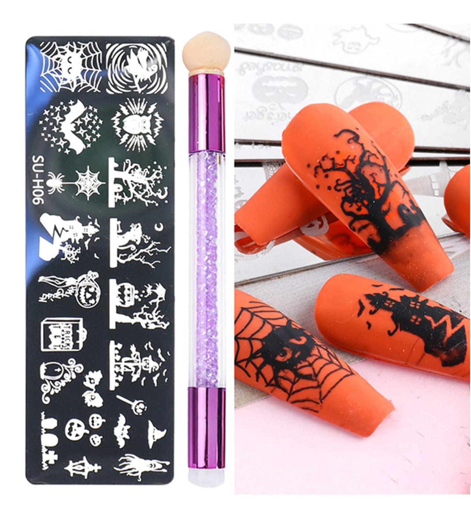 healthGUO Nail Art Stamping Plate Stamper Sponge Pen Halloween Pumpkin Bats Image Nail Polish Template Stamp Stencil Tools Kit 6 - Buy Online on GoSupps.com