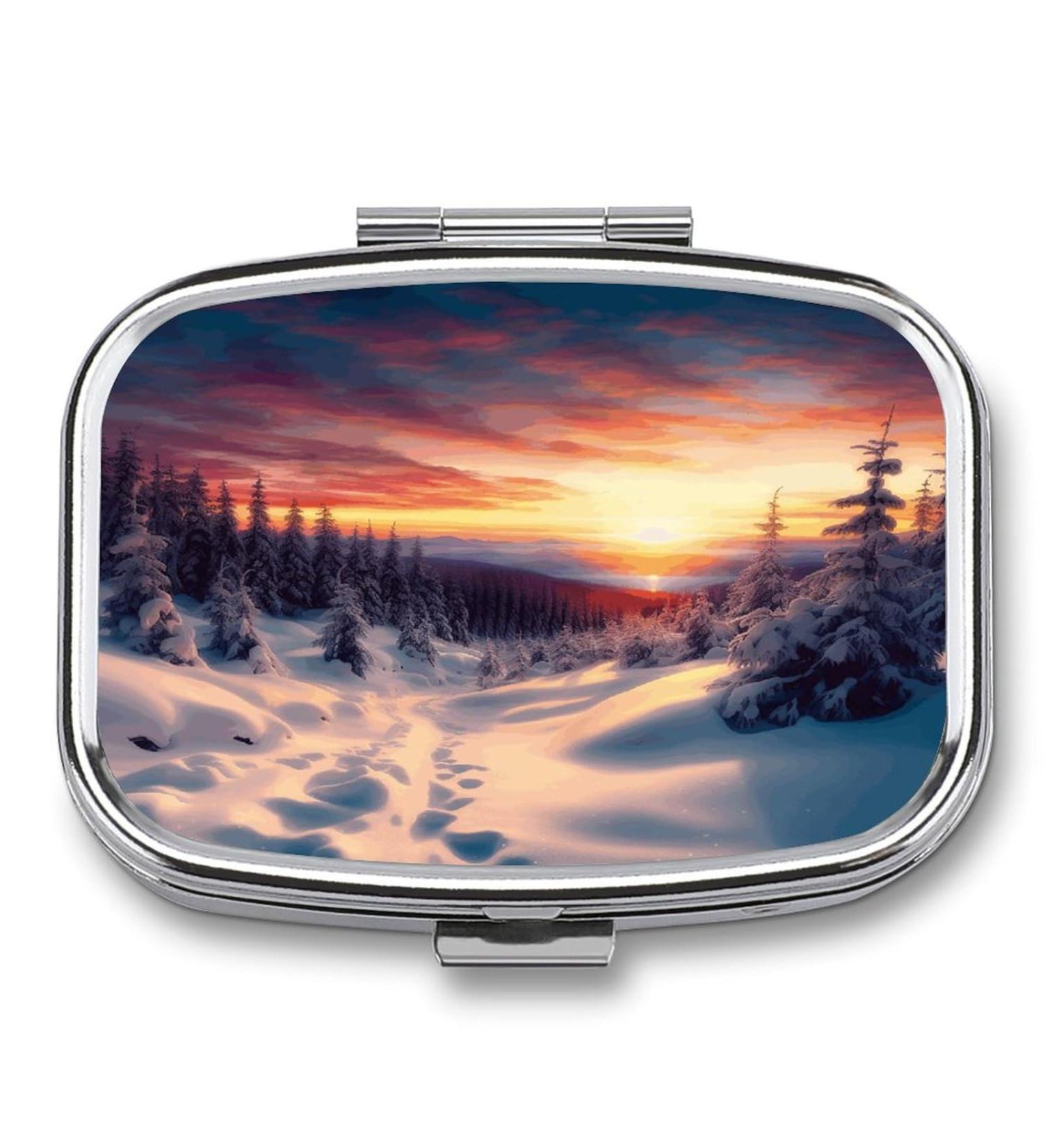 Winter Snow Sunset Pill Box 2 Compartment Metal Organizer for Medicine | Portable Decorative Pill Case for Pocket & Purse - Buy Online on GoSupps.com