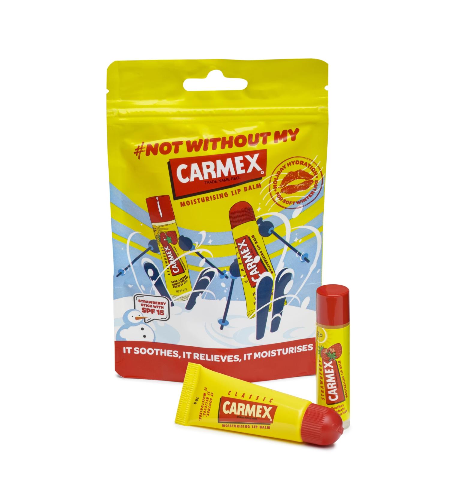 Carmex Autumn/Winter Lip Balm Pouch (1x Classic Tube & 1 Strawberry Stick) Softens & Hydrates Lips - Buy Online on GoSupps.com