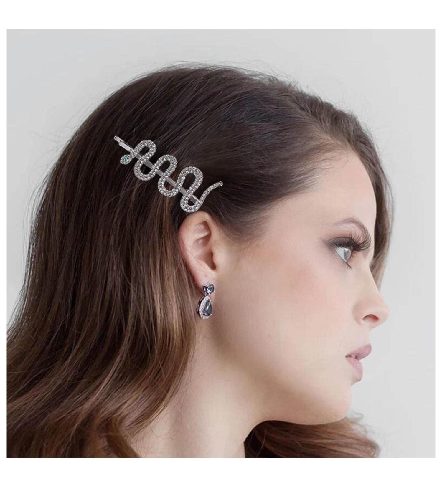 Iaceble Boho Crystal Serpent Hair Barrette - Silver Snake Hairpin with Rhinestones | Women's Sparkly Hair Accessory - Buy Online on GoSupps.com