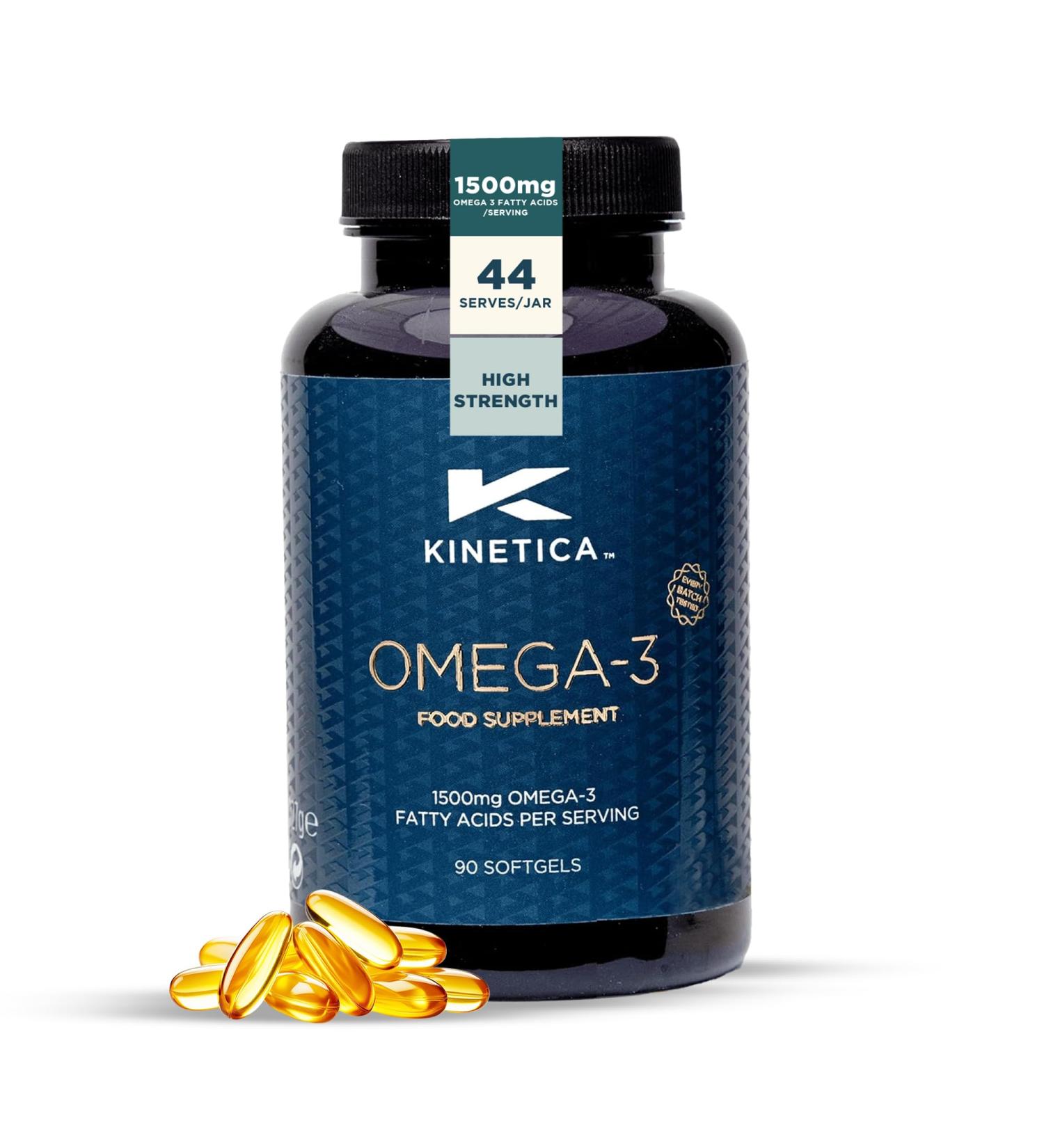 Kinetica Sports Omega-3 Fish Oil | 1500mg Omega-3 Fatty Acids 1000mg EPA & 500mg DHA/Serve 45 Servings/90 Capsule Pack | 2 Capsules/Day | Reduces Muscle Soreness with Anti-Inflammatory Properties - Buy Online on GoSupps.com
