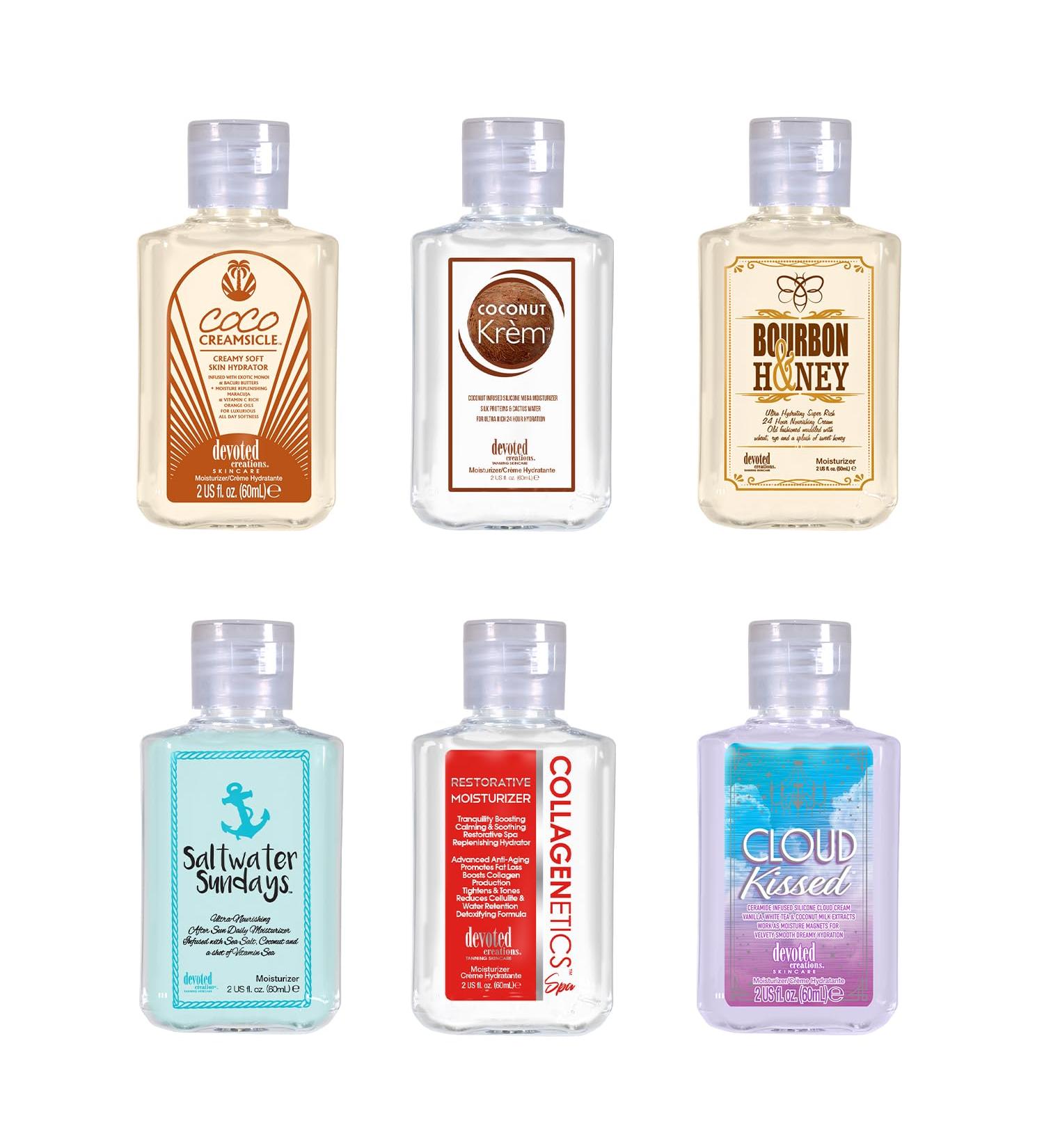 Devoted Creations 2oz Moisturizer Mini Bundle 6 Items: Coconut Krem Saltwater Sundays Cloud Kissed Coco Creamsicle Bourbon & Honey and Collagenetics Restorative - Buy Online on GoSupps.com