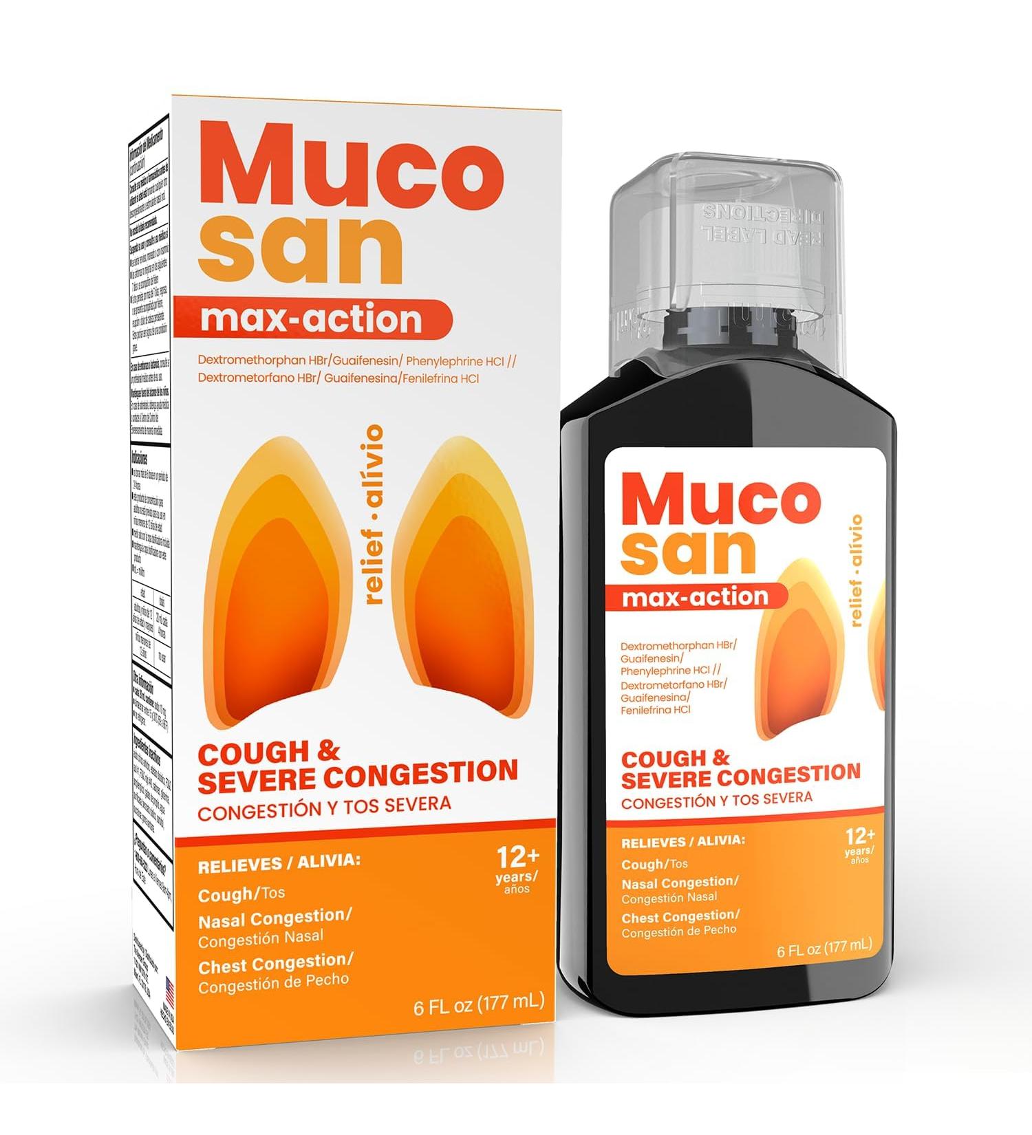 Mucosan Max-Action Cold & Cough Medicine for Adults Sore Throat Relief Nasal & Chest Congestion Relief Expectorant & Suppressant 6 fl oz (177 mL) 1-Pack - Buy Online on GoSupps.com