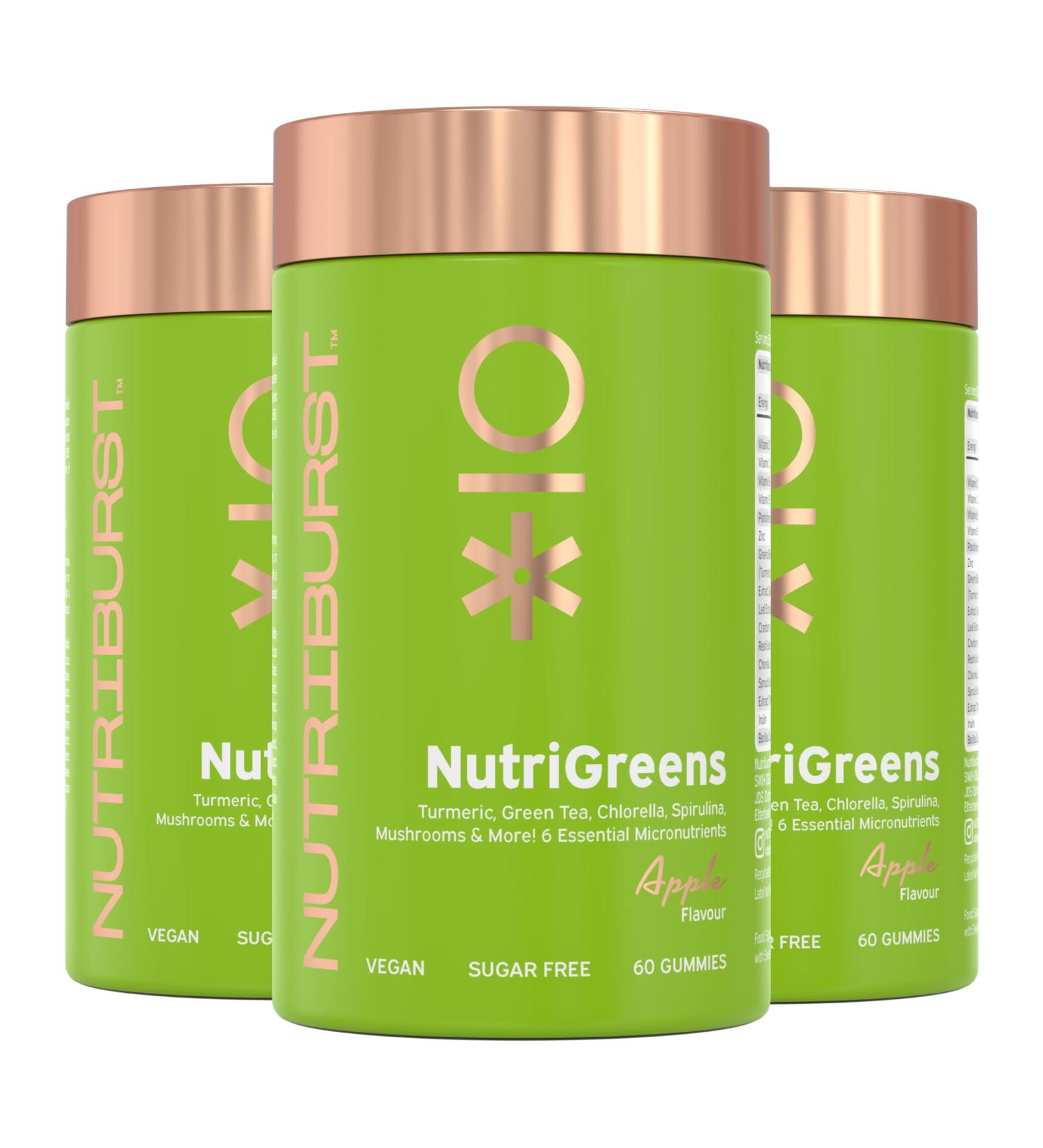 Nutriburst - NutriGreens Multipack - 22 Fruits + Vegetables + Herbs + Mushrooms + Live Bacteria Cultures - Boosted with Vitamins: Zinc VIT C D3 B5 B6 B12-3 Month Supply - Suitable for Vegans NutriGreens - Fruits Vegetables Essential Vits 60 count (Pack of - Buy Online on GoSupps.com