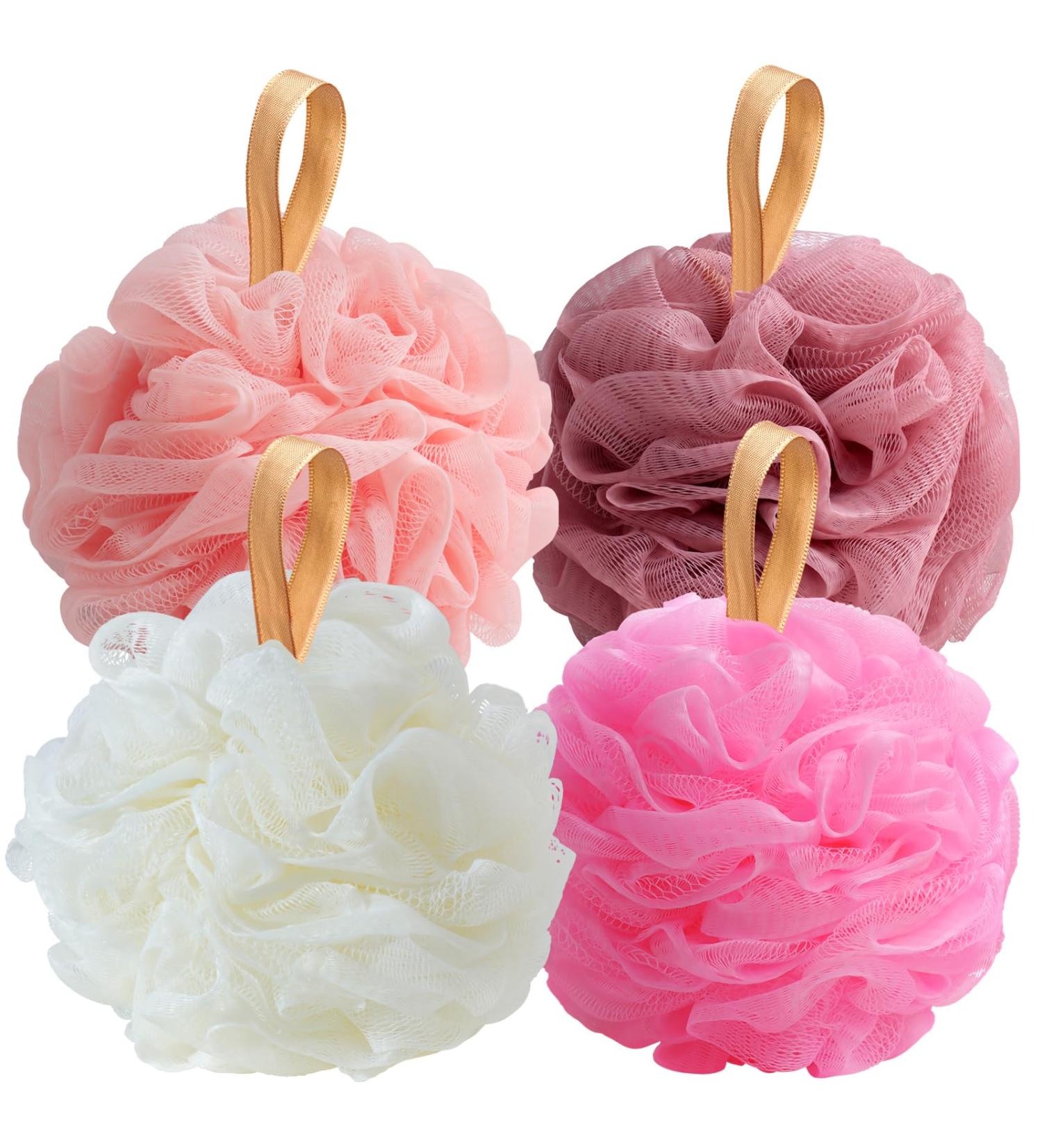 Fishent Loofah Bath Sponge Set - 4 Pack Exfoliating Shower Puff for Men & Women - Soft Mesh Luffa in Pink Peach Coral White - Buy Online on GoSupps.com