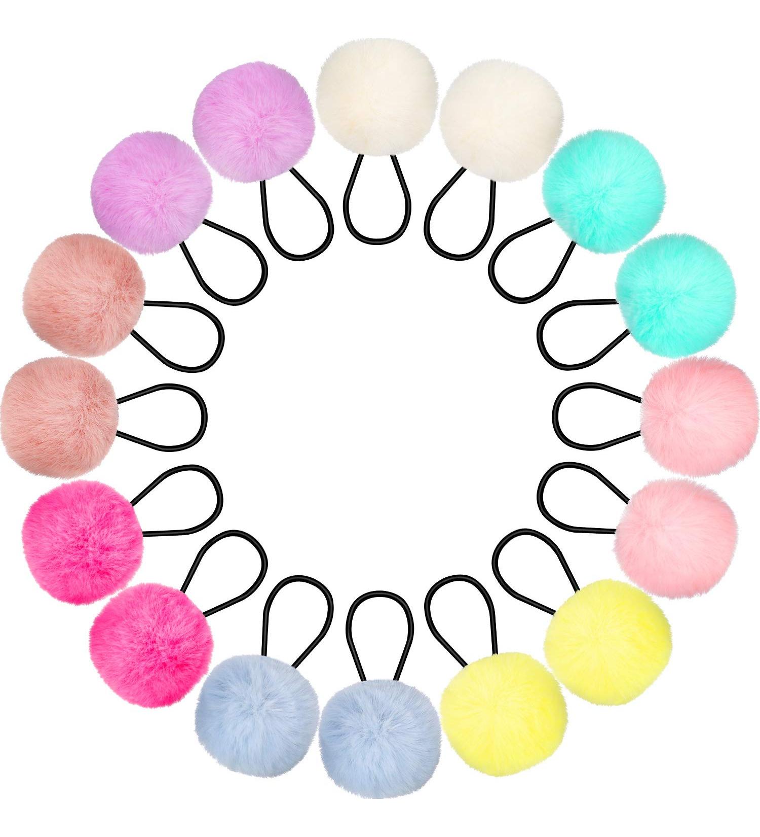 Pom Pom Hair Ties Fluffy Elastic Hair Bands for Women, Girls & Kids - Set of 16 Scrunchies (Color Set 1) - Buy Online on GoSupps.com