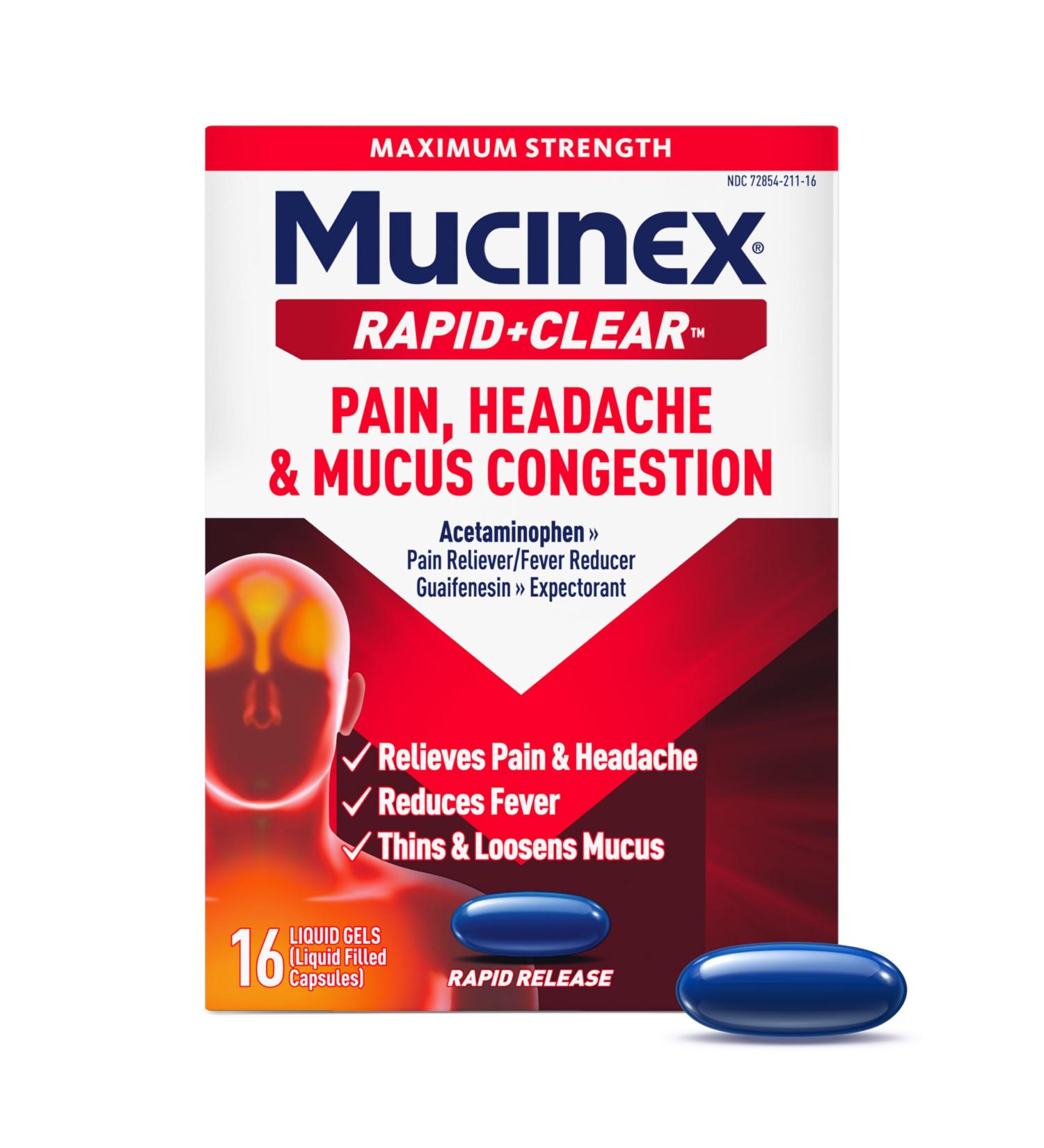 Mucinex Rapid+Clear Maximum Strength Cold Medicine & Expectorant Fever Pain Headache & Excess Mucus Relief with Acetaminophen & Guaifenesin Rapid Release Liquid Gels for Adults 16 Count 16 Count (Pack of 1) Liquid Gels - Buy Online on GoSupps.com