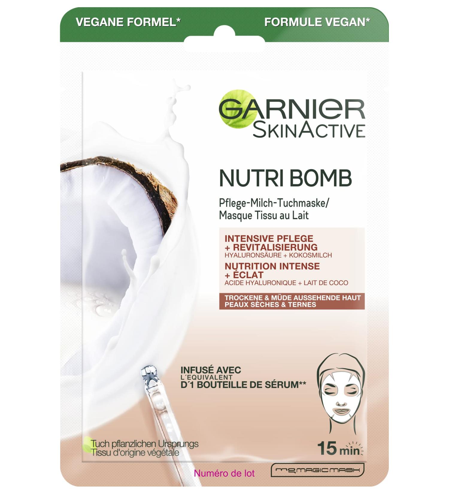 Garnier Nutri Bomb Cloth Mask - Revitalize Dry Skin with Vegan Coconut Milk & Hyaluronic Acid - Intensive Care 28g - Buy Online on GoSupps.com