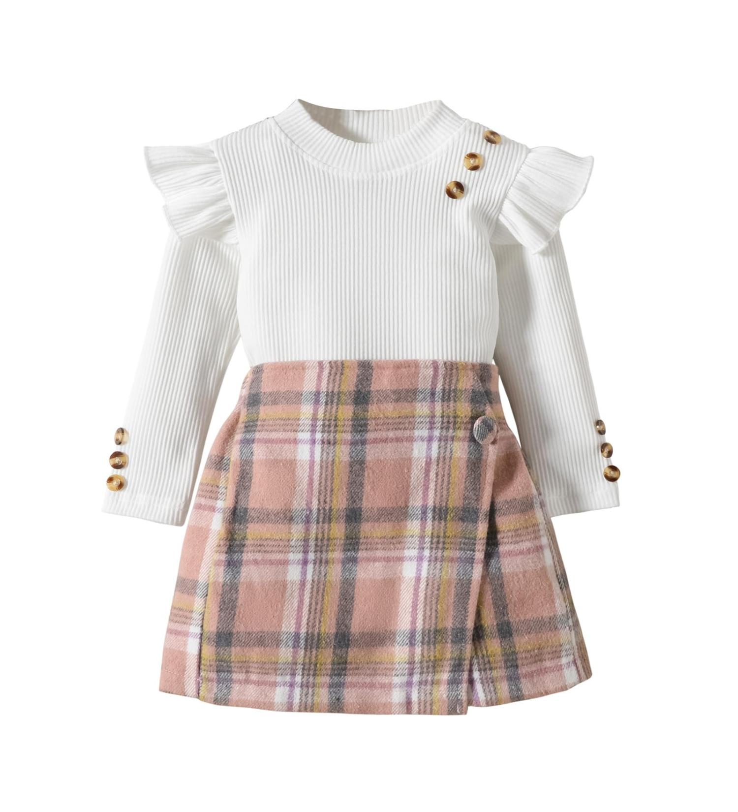 Miipat Baby Girl Fall/Winter Outfit Set | Long Sleeve Pullover Top with Mini Skirt | Girls Dress 5-6 Years | White/Pink - Buy Online on GoSupps.com