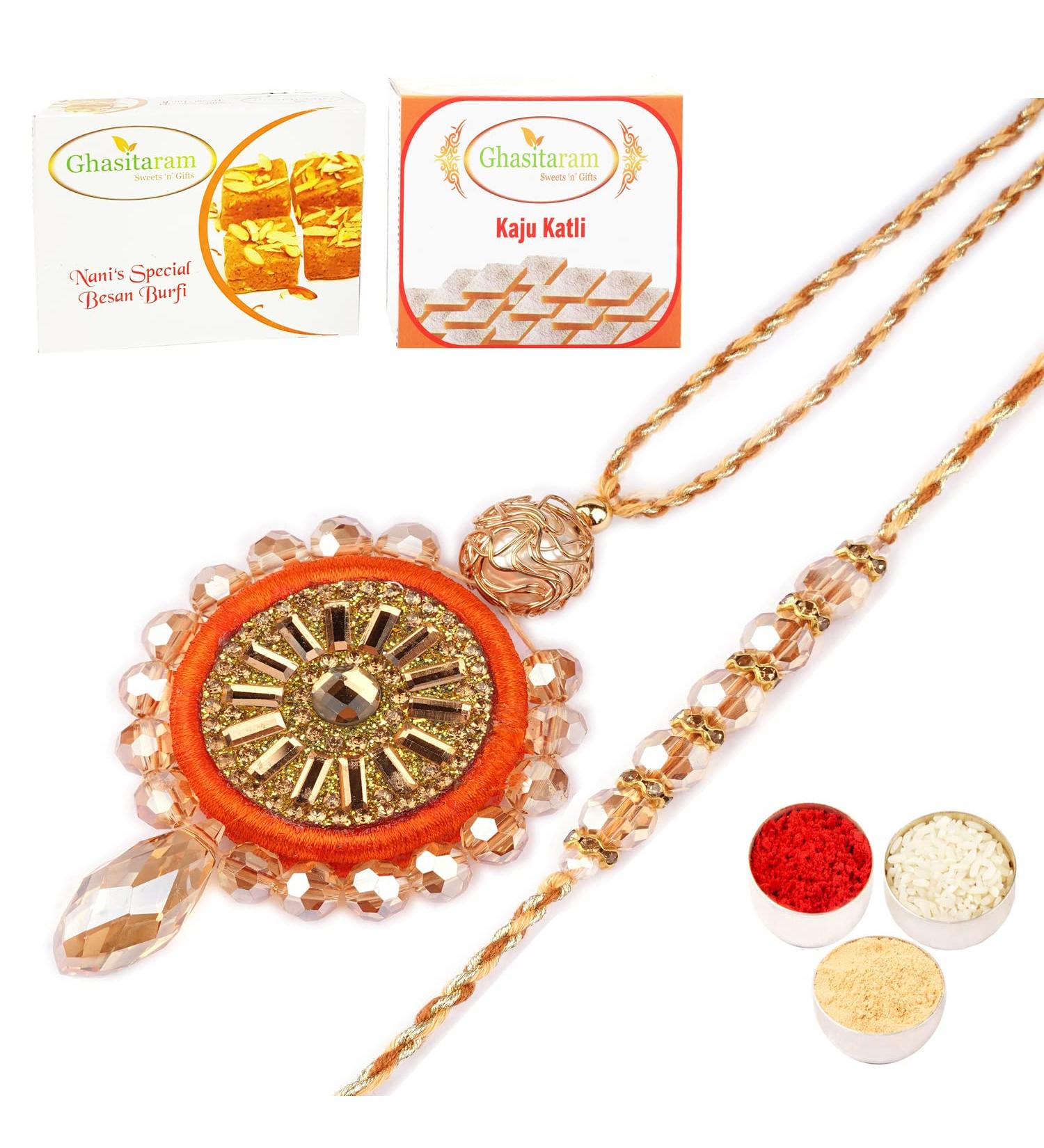 Ghasitaram Gifts Rakhis Online - Rakhi for Brother- Beads Bhaiya Bhabhi Rakhi with 200 GMS of Besan Barfi and 200 GMS of Kaju Katli Rakhi Set with 200 gms of Besan Barfi & Kaju Katli - Buy Online on GoSupps.com