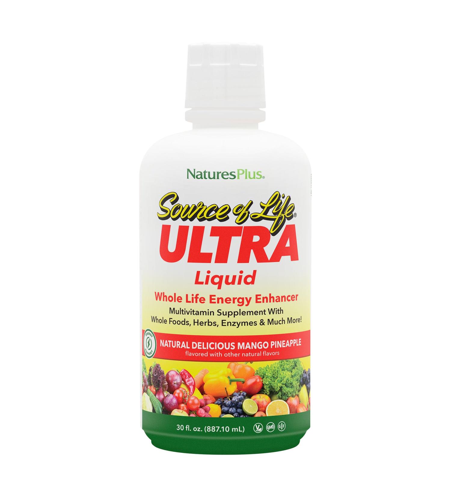 NaturesPlus Ultra Source of Life Liquid - 30 fl oz - Mango Pineapple Flavor - Multivitamin Supplement with Vitamin D3 and Lutein - Vegetarian Gluten-Free - 30 Servings - Buy Online on GoSupps.com