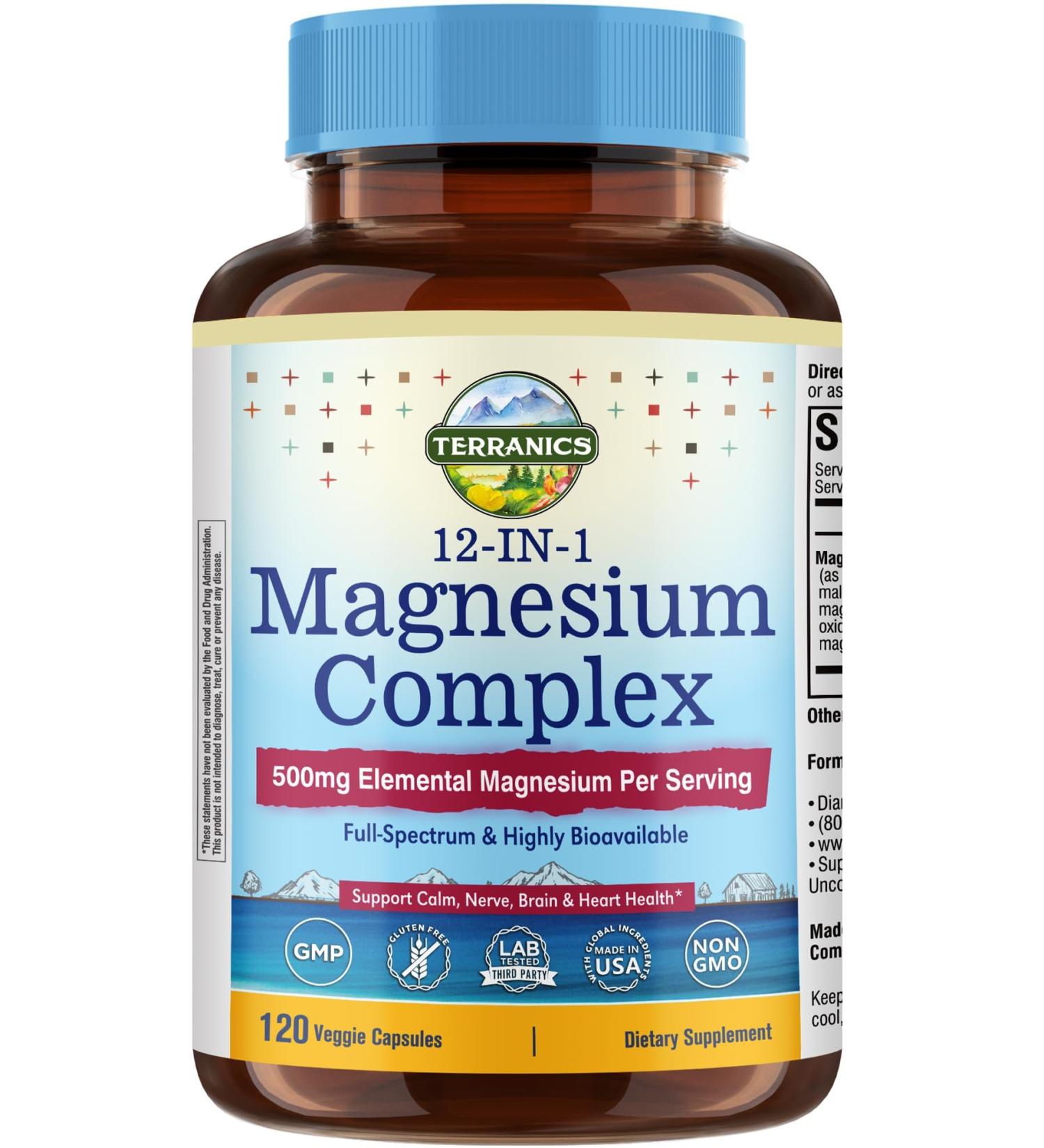 Terranics 12-in-1 Magnesium Complex 500mg, High Absorption Chelated Magnesium Glycinate, Citrate, Malate, Taurate, Orotate & More, for Sleep, Calm, Energy, Heart, Vegan, Non-GMO,120 Capsules - Buy Online on GoSupps.com