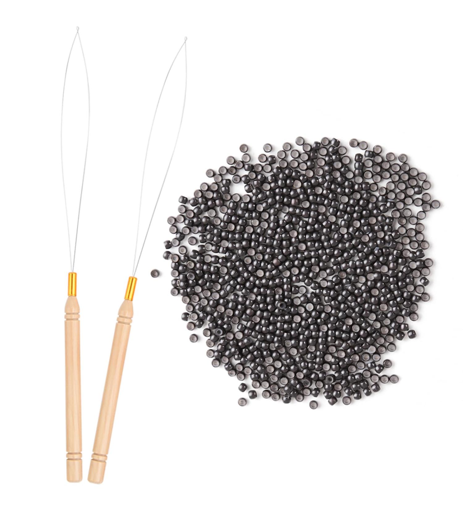 Vlasy Nano Beads Silicone Lined 3.0mm - 200PCS with Hair Extension Loop Needle Threaders - Dark Brown Set for Hair Extensions - Buy Online on GoSupps.com