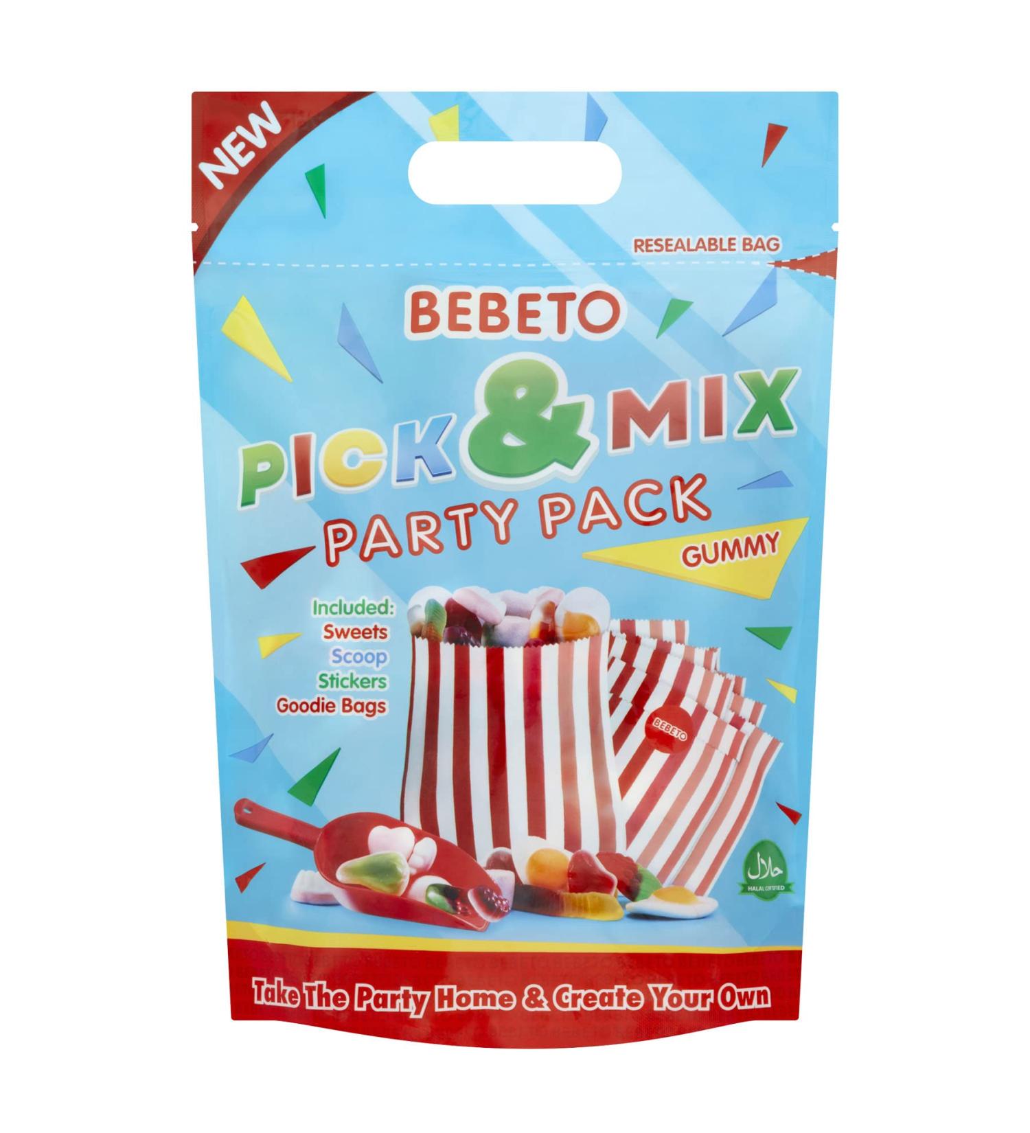 Bebeto Pick & Mix Party Pack - 750g Halal Certified Candy with Gummy Sweets, Marshmallows, Scoop, Stickers, Goodie Bags - Single Pack - Buy Online on GoSupps.com