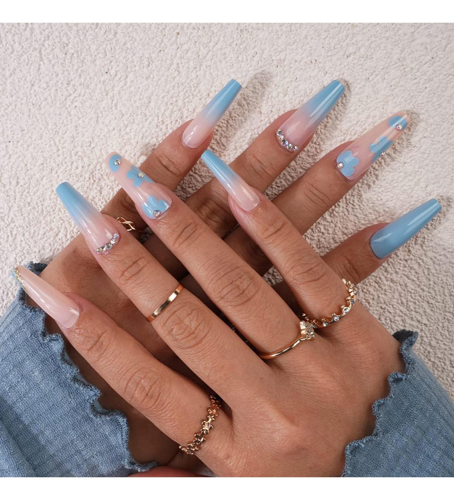 Xerling 24Pcs Blue Gradient Flower Long Coffin Press-On Nails with Rhinestones | Stylish Fake Nails for Women & Girls (Pattern G - Buy Online on GoSupps.com