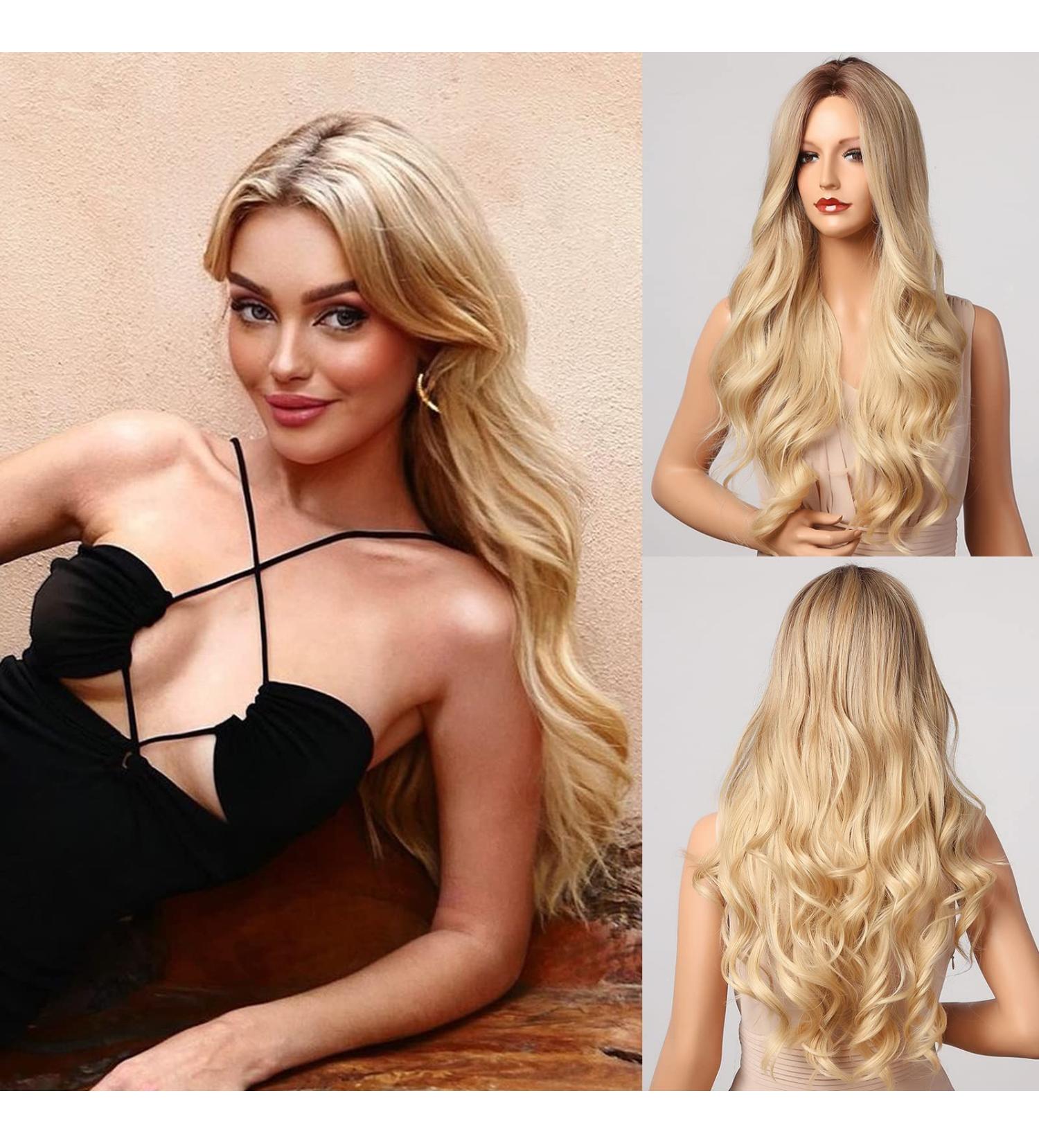 Blonde Ombre Wavy Wig with Dark Roots - Long Curly Synthetic Hair for Women - Heat Resistant Natural Looking Wig for Halloween/Party/Cosplay - Buy Online on GoSupps.com