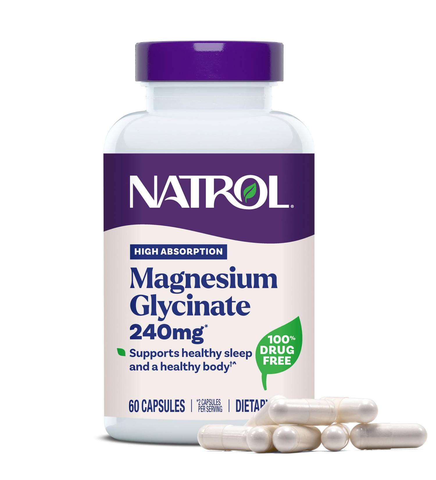Natrol Magnesium Glycinate Supplements 240 mg - High Absorption - Calm Magnesium Glycinate for Sleep - 60 Capsules 30 Day Supply 60 Count (Pack of 1) - Buy Online on GoSupps.com